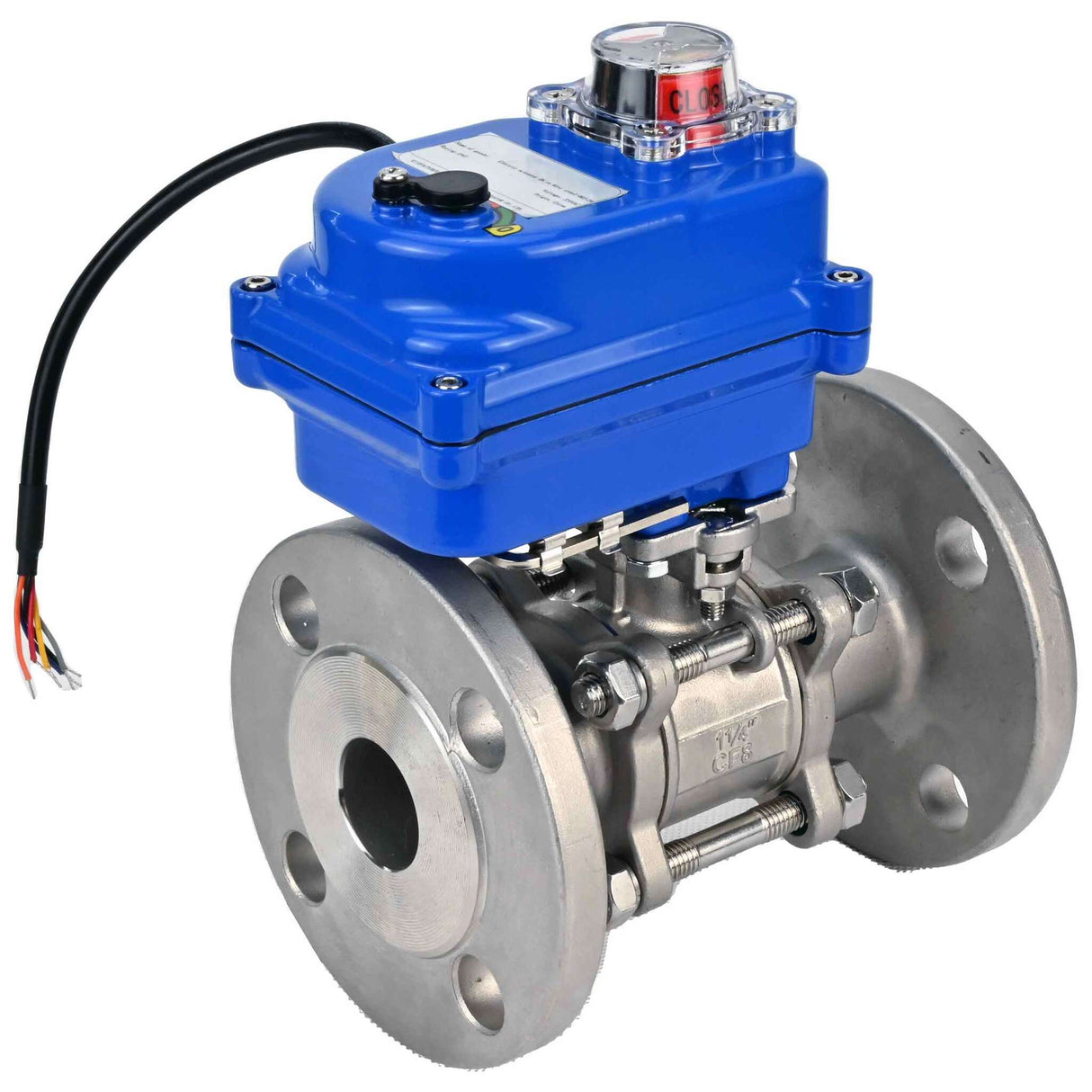 Válvula de bola de acero inoxidable Elephant BVFPT-ISO.304.180 de tres piezas, material del cuerpo - acero inoxidable SS304, junta - PTFE, brida, paso completo, actuador eléctrico Elephant 003 azul 24 V