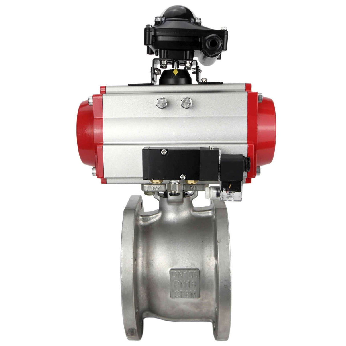 Stainless steel ball valve Elephant BV3232P-FP-Fb 16 bar, body material - stainless steel AISI 316, seal - PTFE, full port, compact flanged, pneumatic actuator Elephant SA with return springs, pneumatic distributor 4M310-08 NAMUR  24 V, limit switch block
