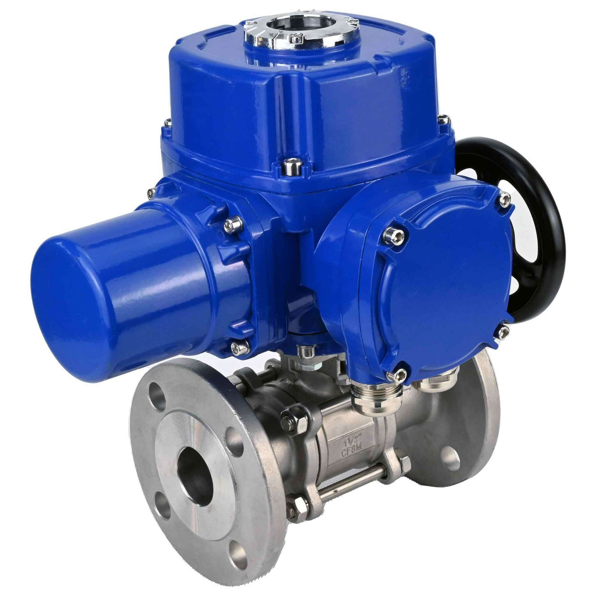 Válvula de bola de acero inoxidable Elephant BVFPT.316.180 de tres piezas, material del cuerpo - acero inoxidable SS316, sello - PTFE, brida, paso completo, actuador eléctrico de cuarto de vuelta Elephant QT-W (M) 380 V