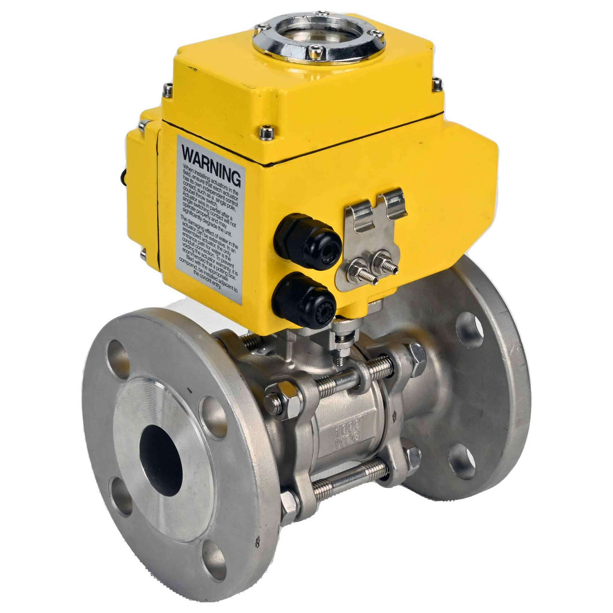 Válvula de bola de acero inoxidable Elephant BVFPT-ISO.304.180 de tres piezas, material del cuerpo - acero inoxidable SS304, sello - PTFE, brida, paso completo, actuador eléctrico Elephant-003 24 V