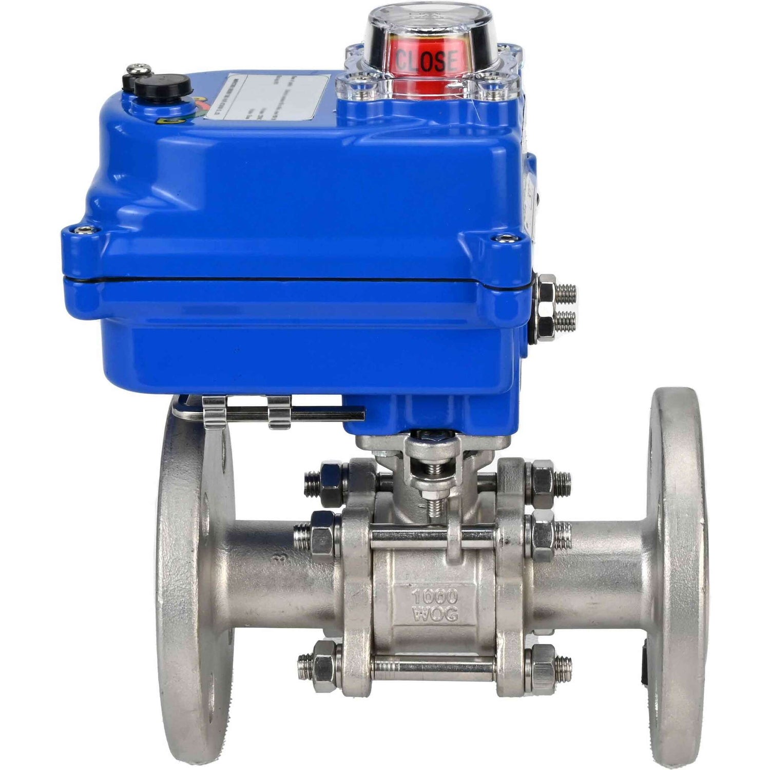 Válvula de bola de acero inoxidable Elephant BVFPT-ISO.304.180 de tres piezas, material del cuerpo - acero inoxidable SS304, junta - PTFE, brida, paso completo, actuador eléctrico Elephant 003 azul 220 V