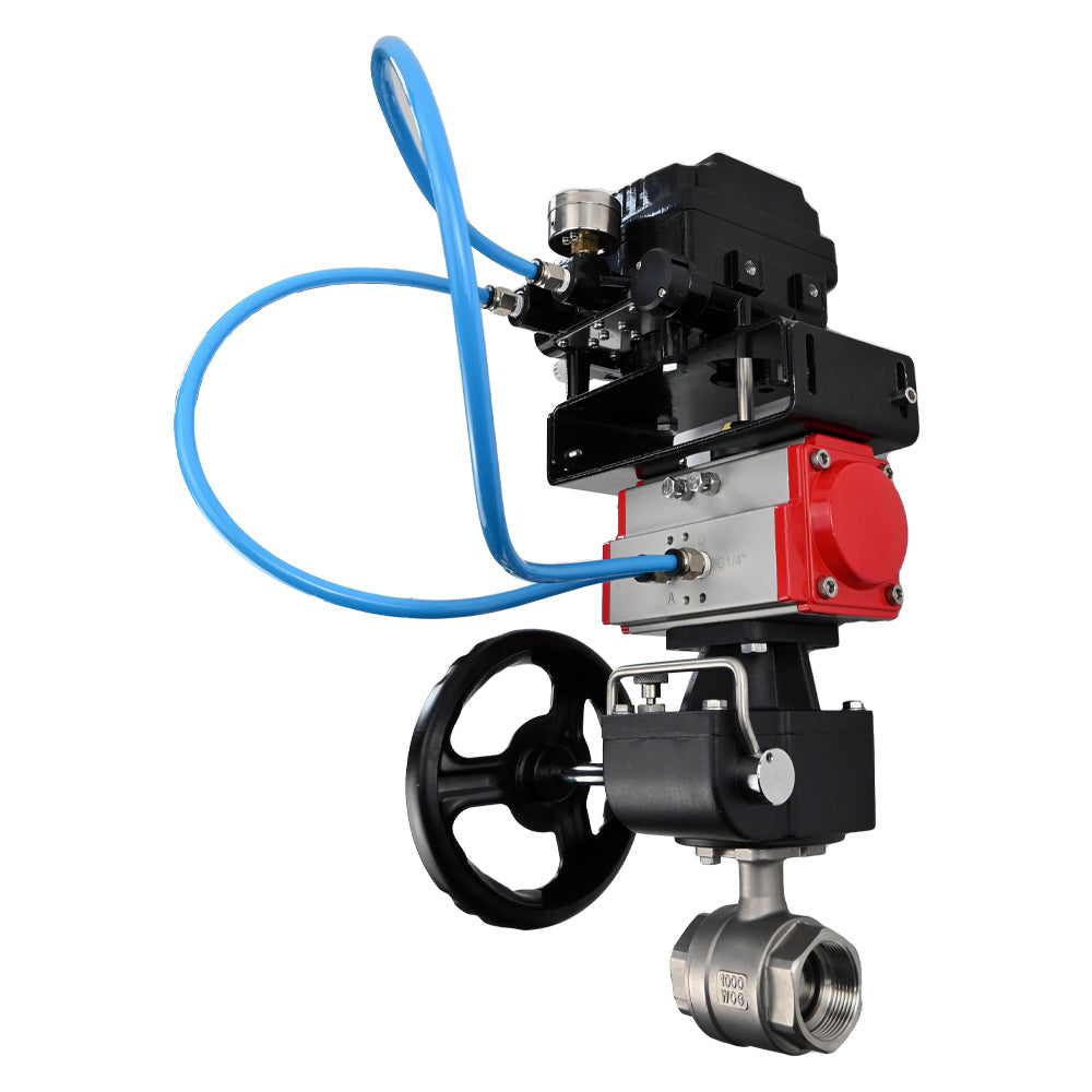 Válvula de bola de acero inoxidable Elephant kshmp316-elephant-da-yt1000rsn-hdm, material del cuerpo - acero inoxidable AISI 316, material de la bola - acero inoxidable AISI 316, sello - PTFE, actuador neumático operado