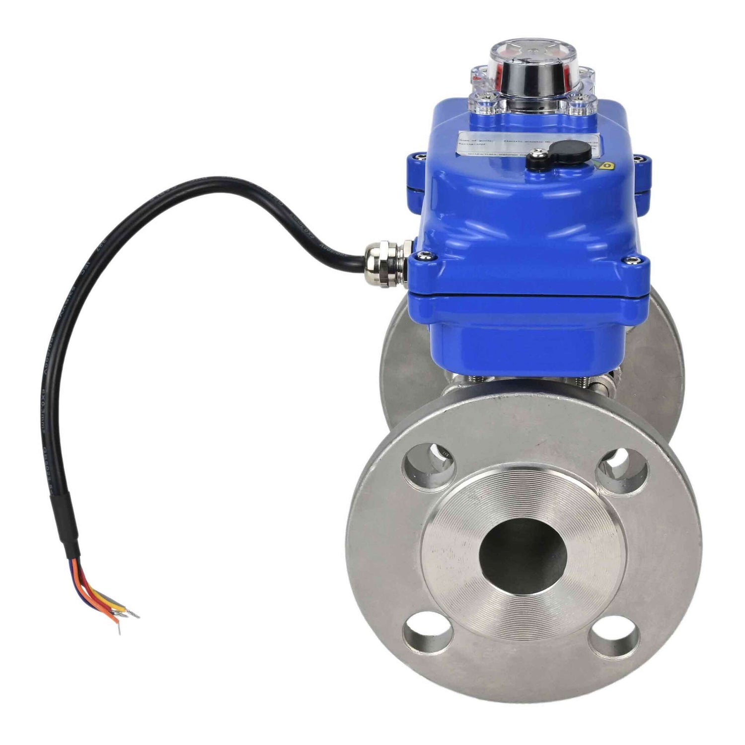 Válvula de bola de acero inoxidable Elephant BVFPT-ISO.304.180 de tres piezas, material del cuerpo - acero inoxidable SS304, junta - PTFE, brida, paso completo, actuador eléctrico Elephant 003 azul 24 V