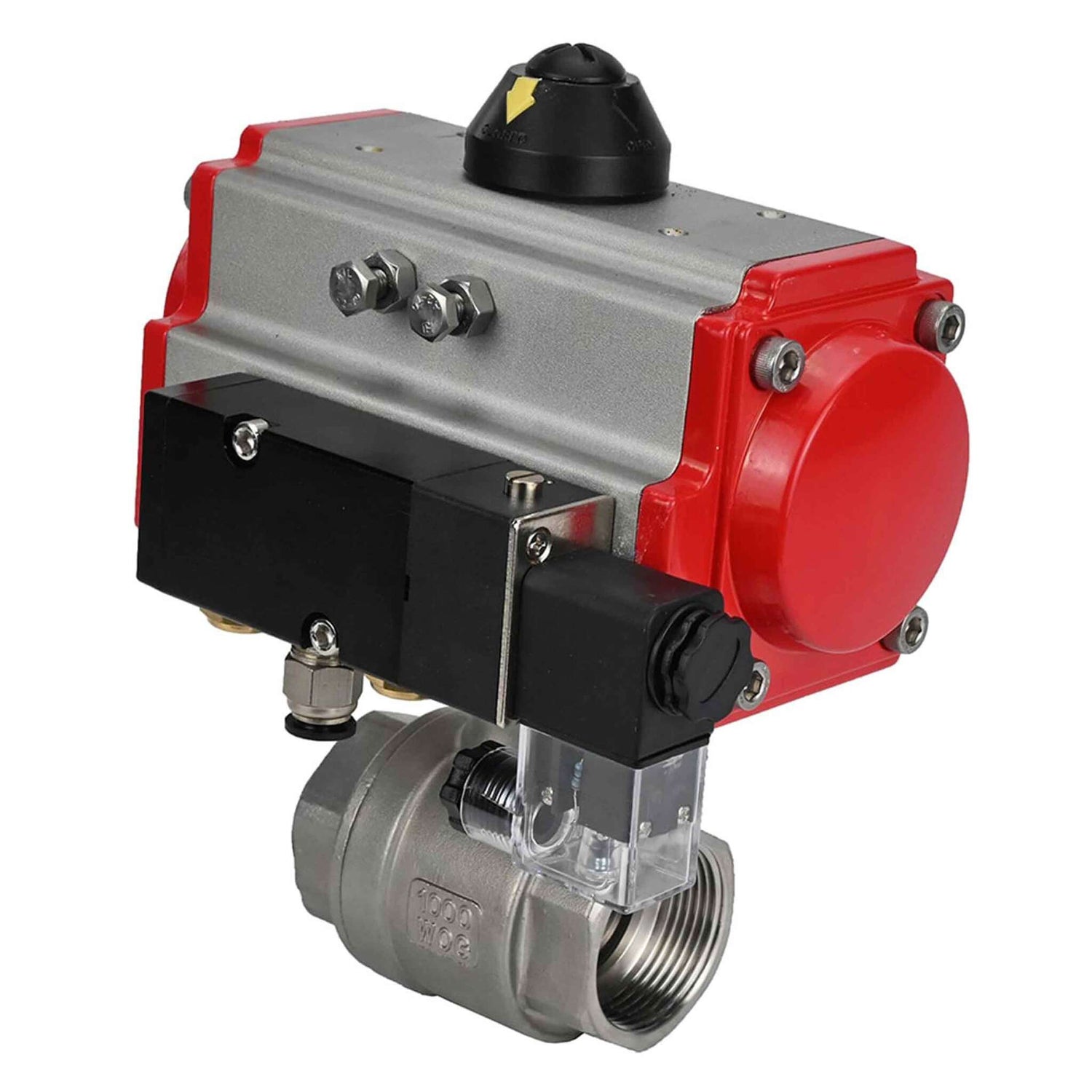 Válvula de bola de acero inoxidable Elephant kshmp316-elephant-da-4m310-24v, material del cuerpo - acero inoxidable AISI 316, material de la bola - acero inoxidable AISI 316, sello - PTFE, actuador neumático operado