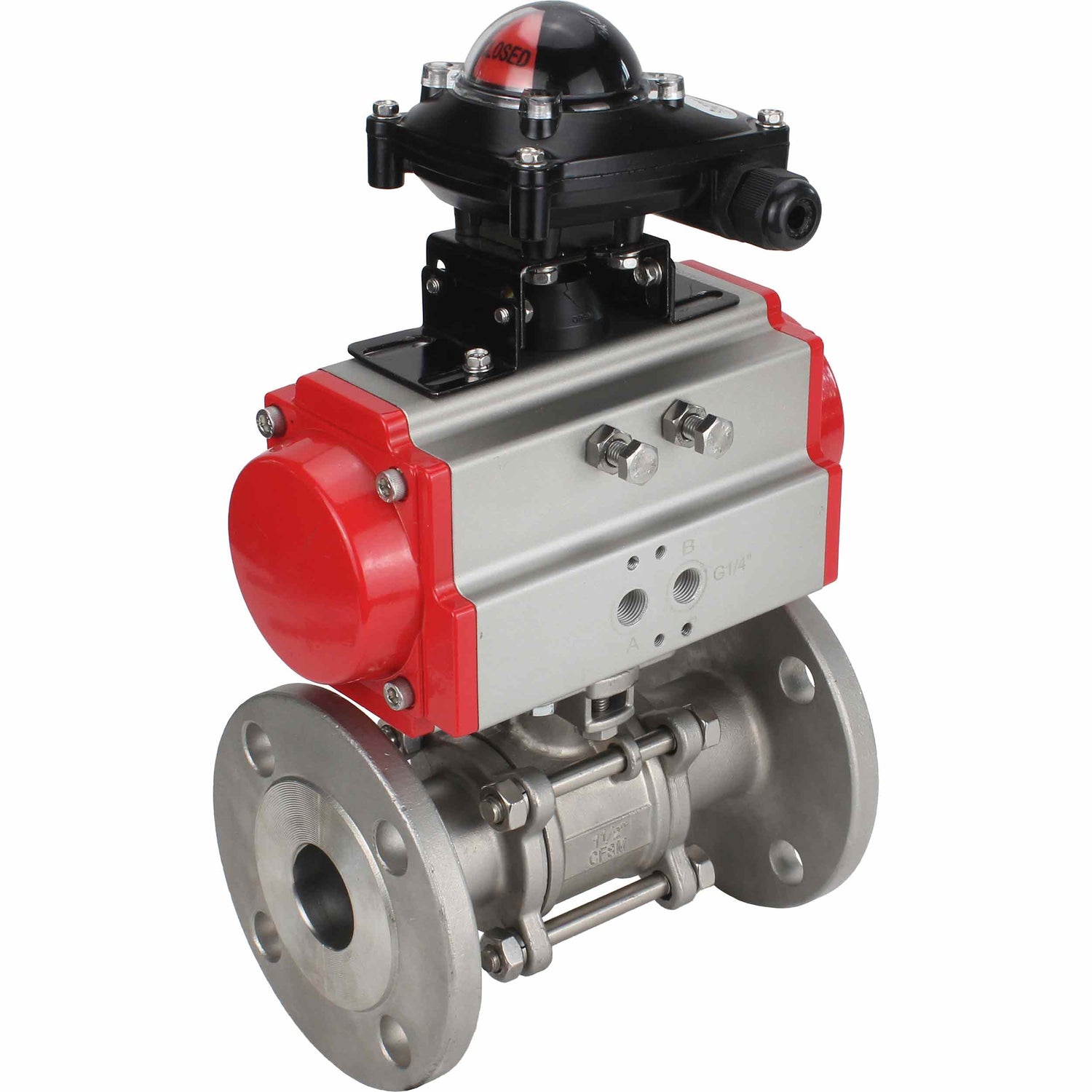 Válvula de bola de acero inoxidable Elephant ksfpt-316-180-da-apl210n, material del cuerpo - acero inoxidable AISI 316, material de la bola - acero inoxidable AISI 316, sello - PTFE, actuador neumático operado