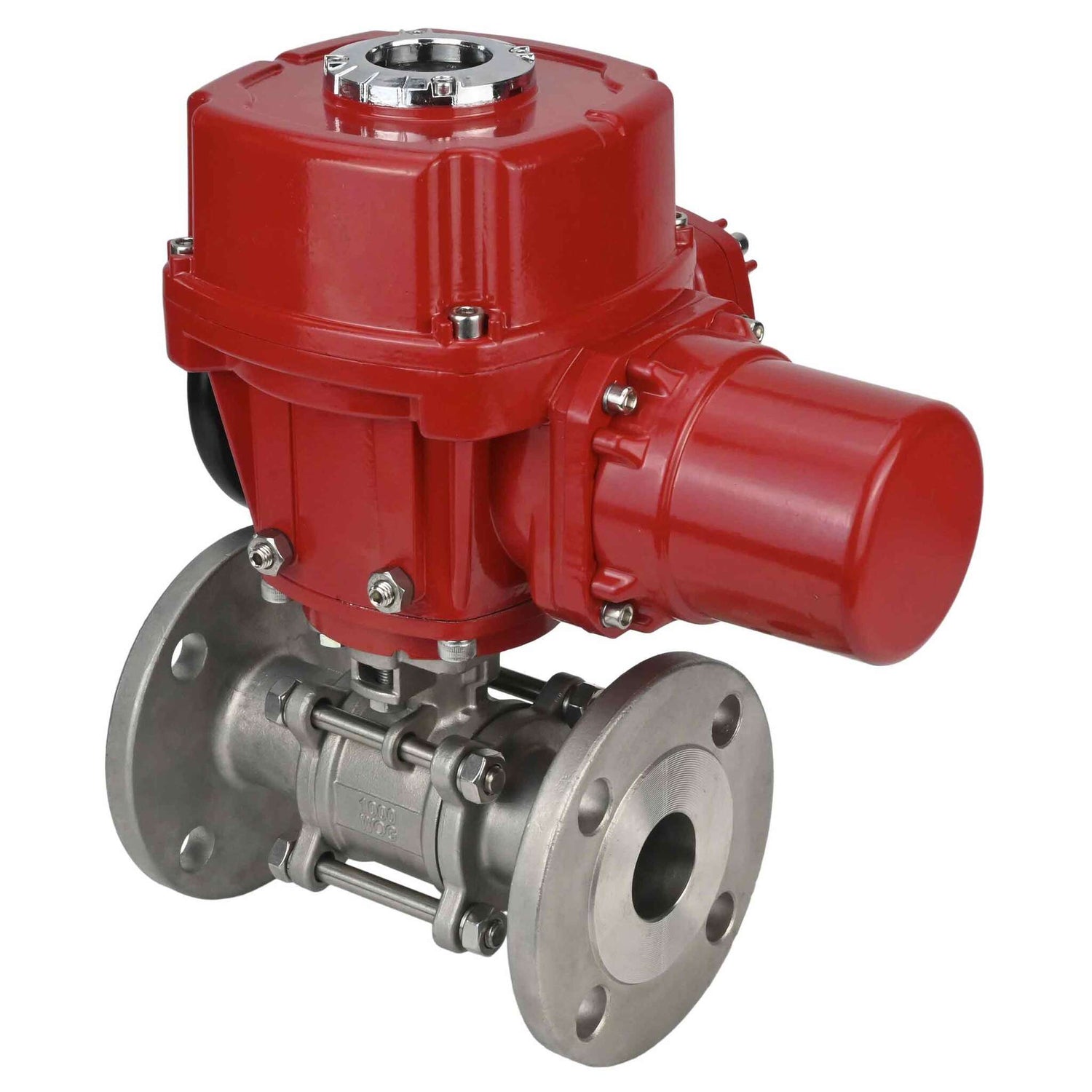 Válvula de bola de acero inoxidable Elephant BVFPT.316.180 de tres piezas, material del cuerpo - acero inoxidable SS316, sello - PTFE, brida, paso completo, actuador eléctrico de cuarto de vuelta Elephant QT-W (M) EX 380 V