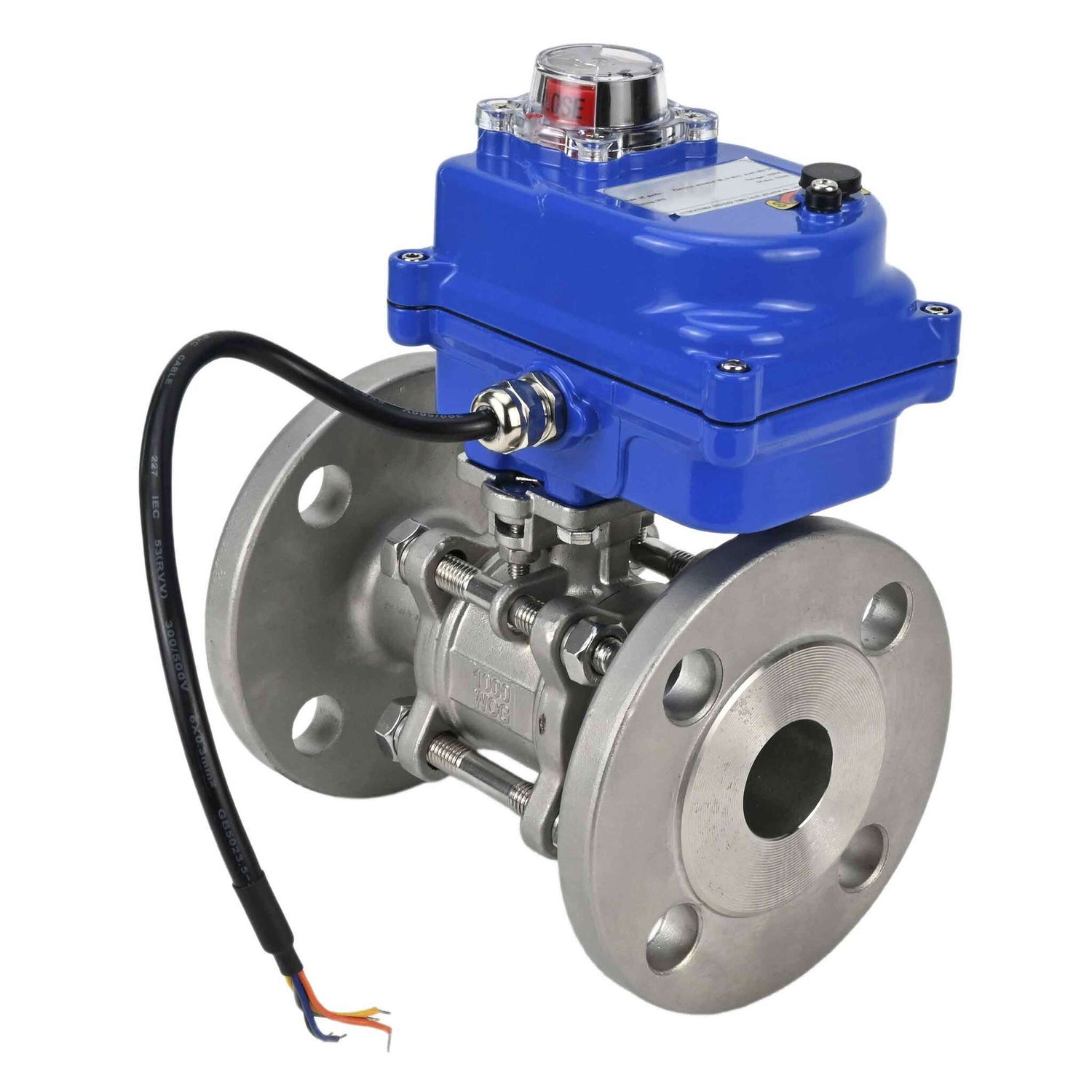 Válvula de bola de acero inoxidable Elephant BVFPT-ISO.304.180 de tres piezas, material del cuerpo - acero inoxidable SS304, junta - PTFE, brida, paso completo, actuador eléctrico Elephant 003 azul 24 V