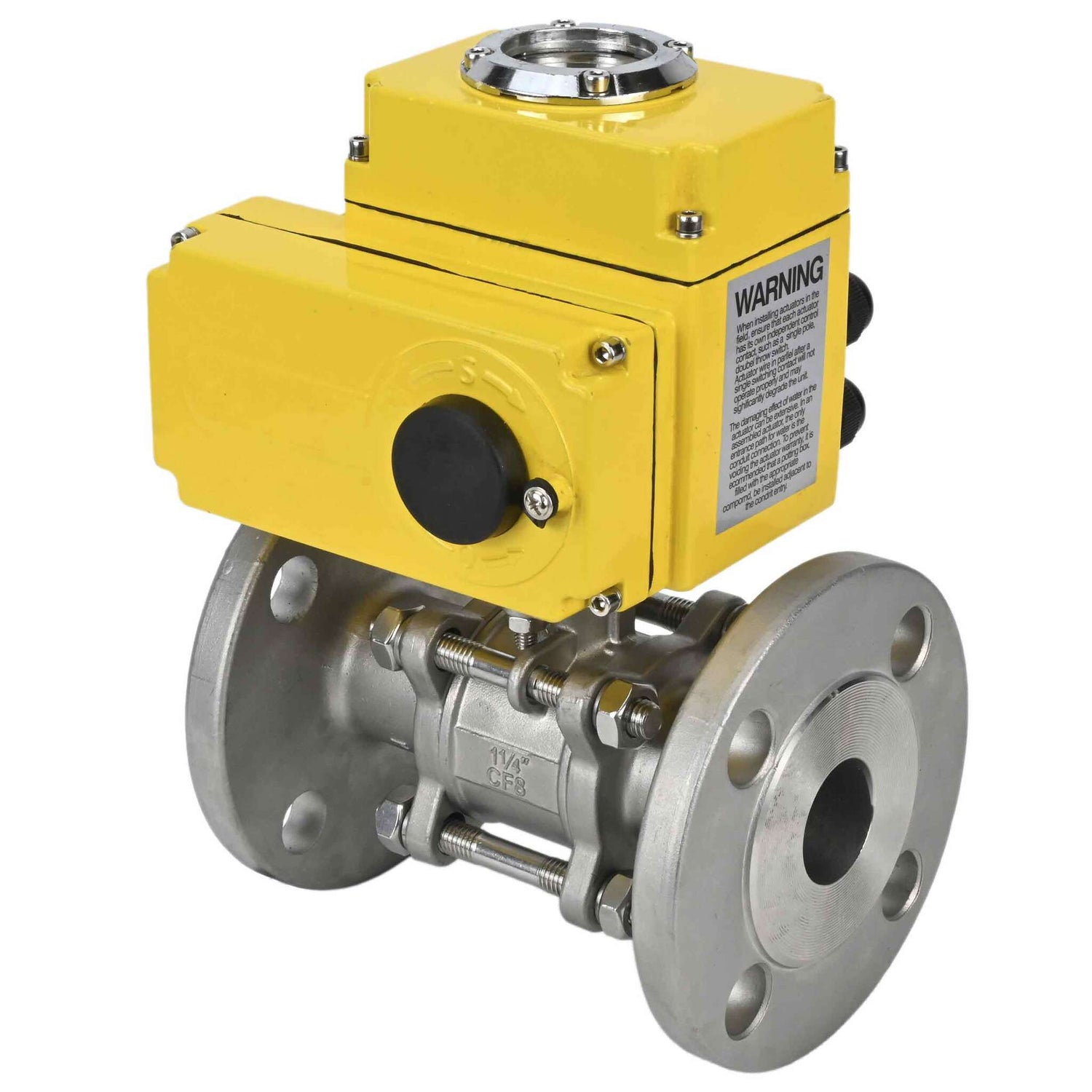 Válvula de bola de acero inoxidable Elephant BVFPT-ISO.304.180 de tres piezas, material del cuerpo - acero inoxidable SS304, sello - PTFE, brida, paso completo, actuador eléctrico Elephant-003 24 V