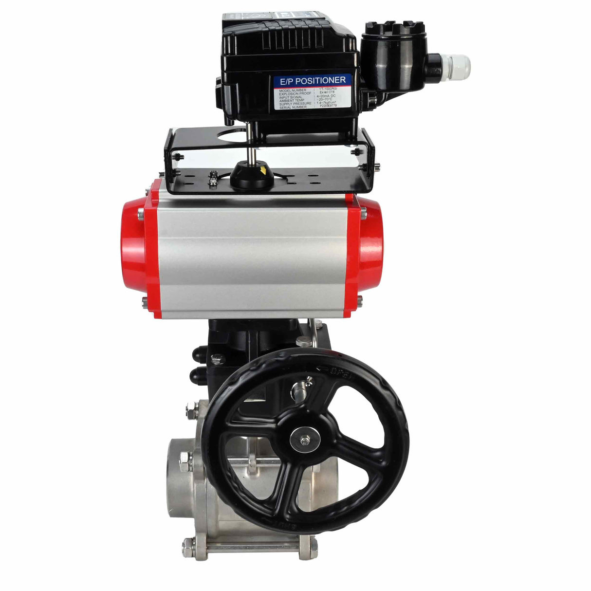 Válvula de bola de acero inoxidable Elephant kshpp-316200-da-yt1000rsn-hdm, material del cuerpo - acero inoxidable AISI 316, material de la bola - acero inoxidable AISI 316, sello - PTFE, actuador neumático operado