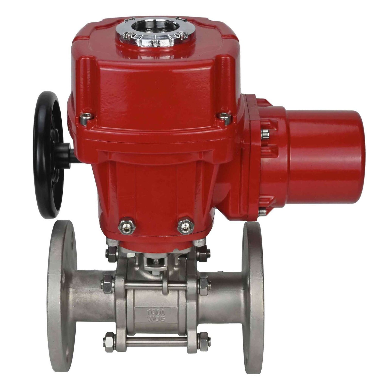 Válvula de bola de acero inoxidable Elephant BVFPT.316.180 de tres piezas, material del cuerpo - acero inoxidable SS316, sello - PTFE, brida, paso completo, actuador eléctrico de cuarto de vuelta Elephant QT-W (M) EX 220 V