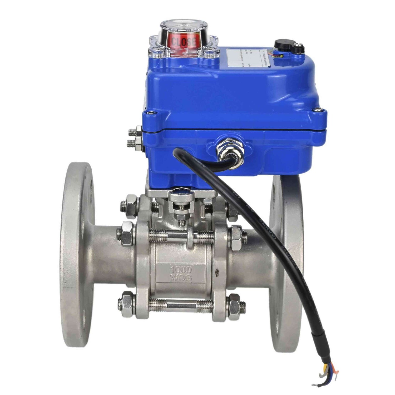 Válvula de bola de acero inoxidable Elephant BVFPT-ISO.304.180 de tres piezas, material del cuerpo - acero inoxidable SS304, junta - PTFE, brida, paso completo, actuador eléctrico Elephant 003 azul 24 V