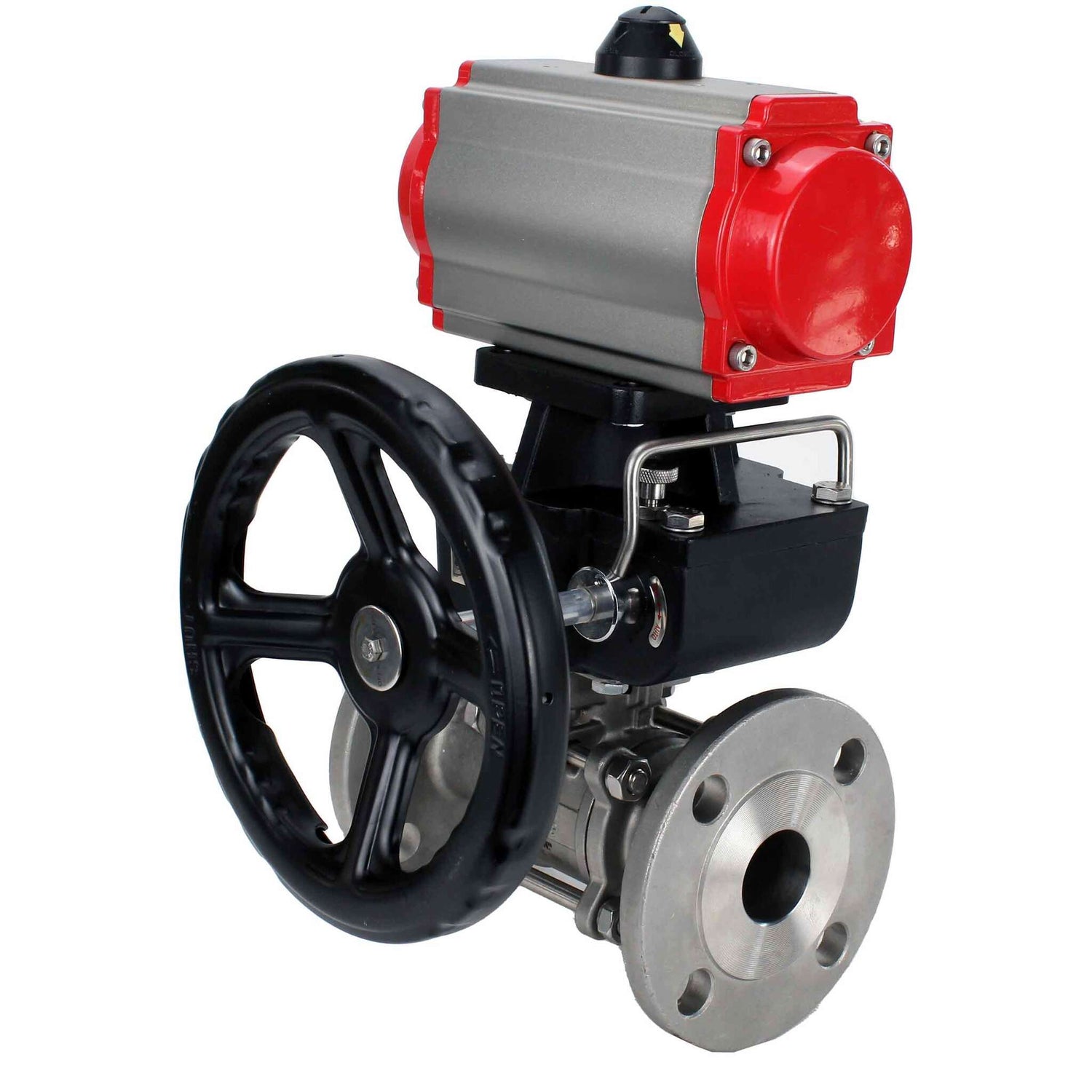 Válvula de bola de acero inoxidable Elephant ksfpt-316-180-da-hdm, material del cuerpo - acero inoxidable AISI 316, material de la bola - acero inoxidable AISI 316, sello - PTFE, actuador neumático operado