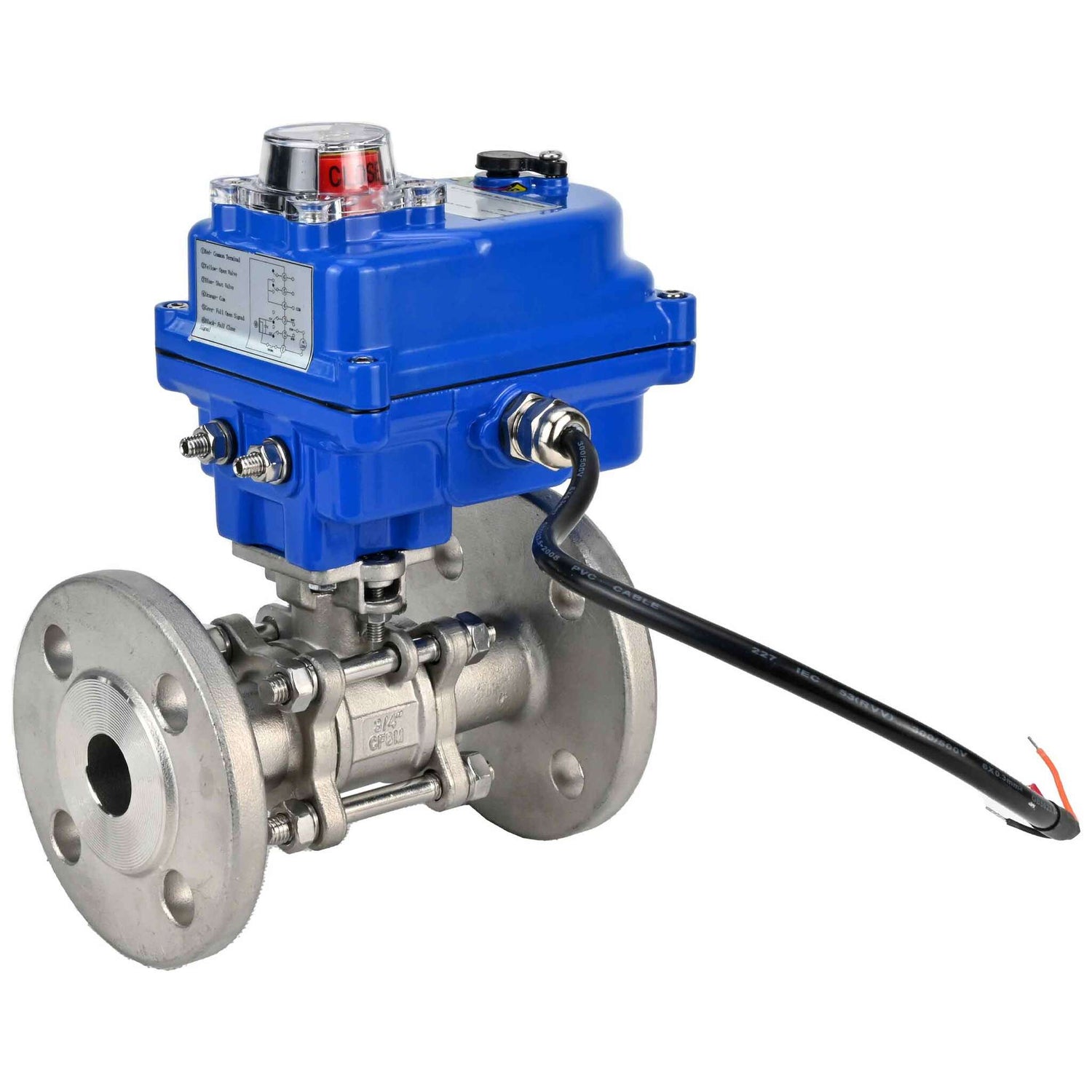 Válvula de bola de acero inoxidable Elephant BVFPT-ISO.316.180 PSI580 de tres piezas, material del cuerpo - acero inoxidable SS316, sello - PTFE, brida, paso completo, actuador eléctrico Elephant 003 azul 220 V