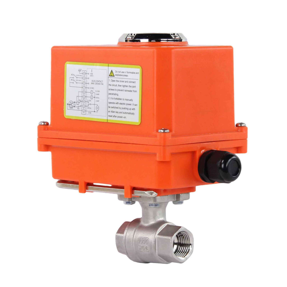 Válvula de bola de acero inoxidable Elephant BVMP.316.230-ISO PSI914, material del cuerpo - acero inoxidable AISI 316, material de la bola - acero inoxidable AISI 316, sello - PTFE, roscado, actuador eléctrico de cuarto de vuelta Elephant-110/220В