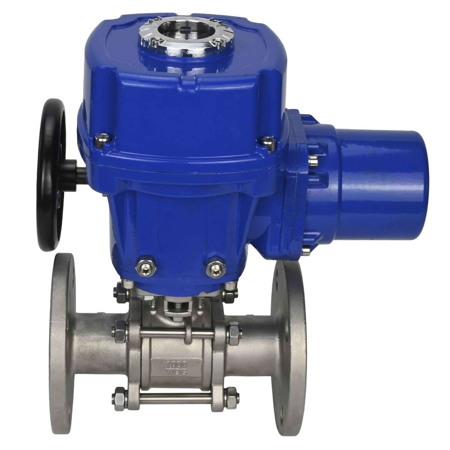 Válvula de bola de acero inoxidable Elephant BVFPT.316.180 de tres piezas, material del cuerpo - acero inoxidable SS316, sello - PTFE, brida, paso completo, actuador eléctrico de cuarto de vuelta Elephant QT-W (M) 380 V