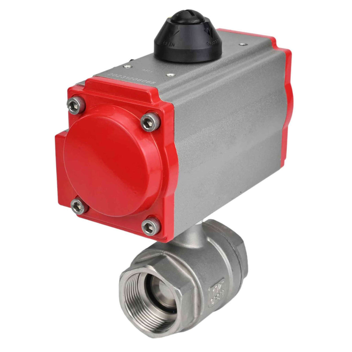 Válvula de bola de acero inoxidable Elephant BVMP.316.230-ISO PSI914, material del cuerpo - acero inoxidable AISI 316, material de la bola - acero inoxidable AISI 316, sello - PTFE, paso completo, roscado, actuador neumático de doble efecto Elephant DA