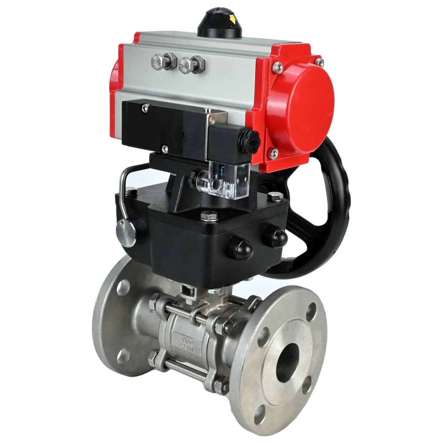 Válvula de bola de acero inoxidable Elephant ksfpt-304-180-da-4m310-24v-hdm, material del cuerpo - acero inoxidable AISI 304, material de la bola - acero inoxidable AISI 304, sello - PTFE, actuador neumático operado