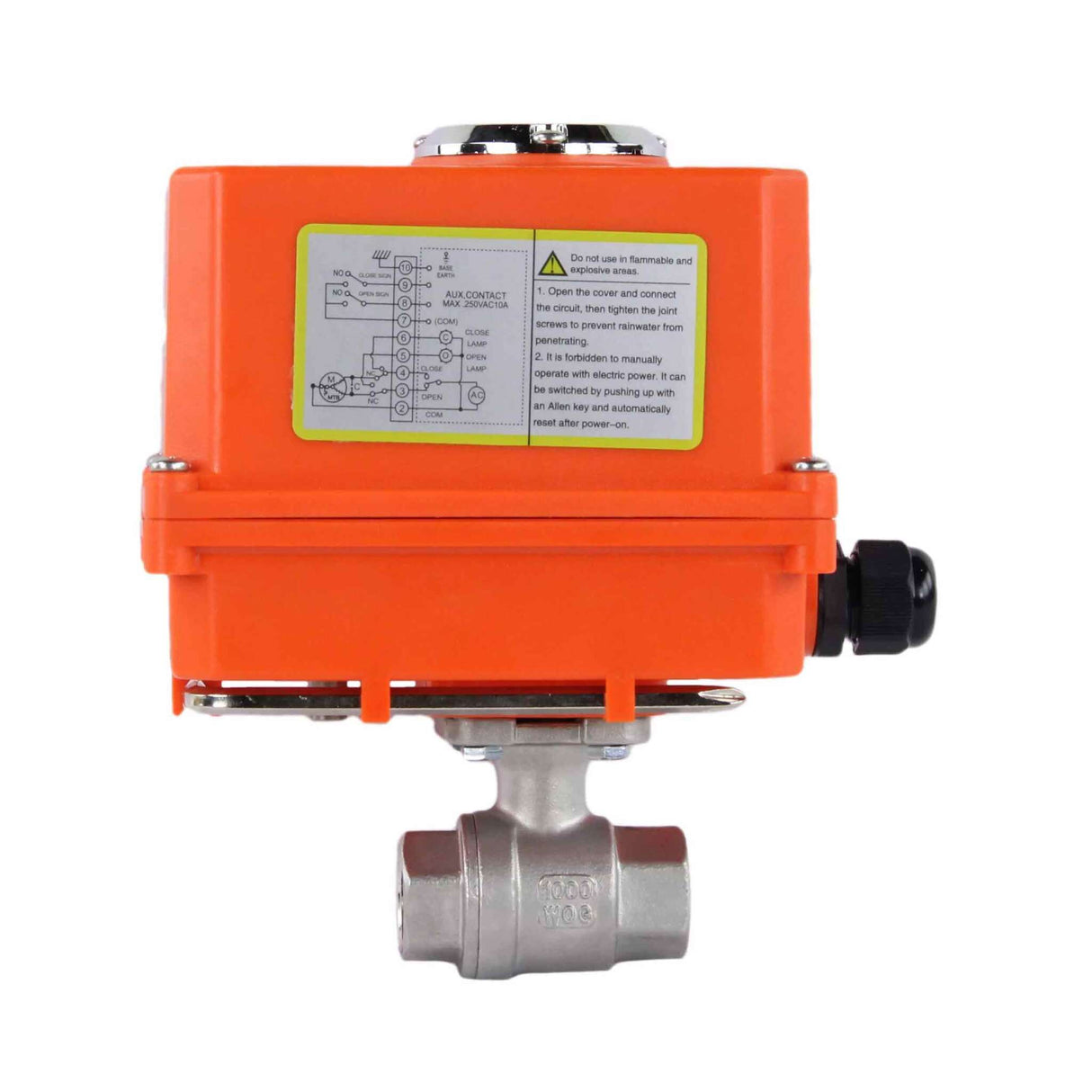 Válvula de bola de acero inoxidable Elephant BVMP.316.230-ISO PSI914, material del cuerpo - acero inoxidable AISI 316, material de la bola - acero inoxidable AISI 316, sello - PTFE, roscado, actuador eléctrico de cuarto de vuelta Elephant-110/220В