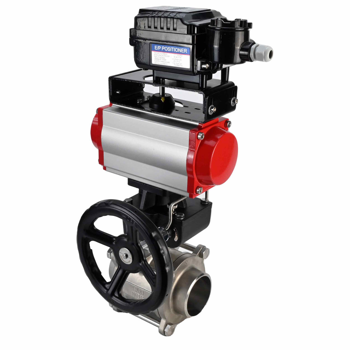 Válvula de bola de acero inoxidable Elephant kshpp-316200-da-yt1000rsn-hdm, material del cuerpo - acero inoxidable AISI 316, material de la bola - acero inoxidable AISI 316, sello - PTFE, actuador neumático operado