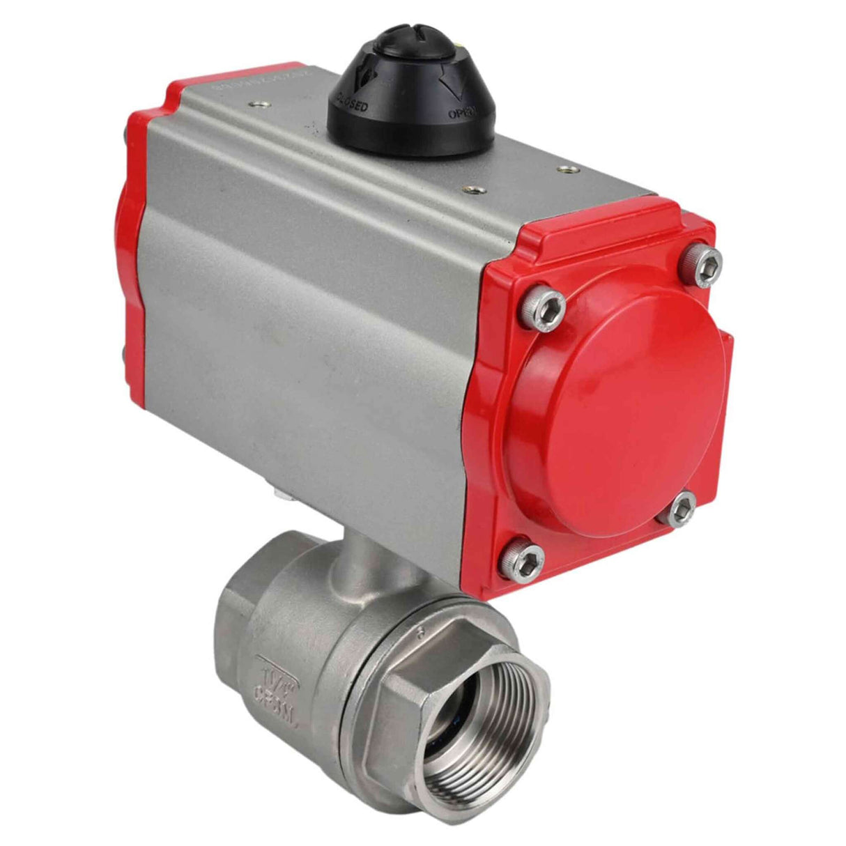 Válvula de bola de acero inoxidable Elephant BVMP.316.230-ISO PSI914, material del cuerpo - acero inoxidable AISI 316, material de la bola - acero inoxidable AISI 316, sello - PTFE, paso completo, roscado, actuador neumático de doble efecto Elephant DA