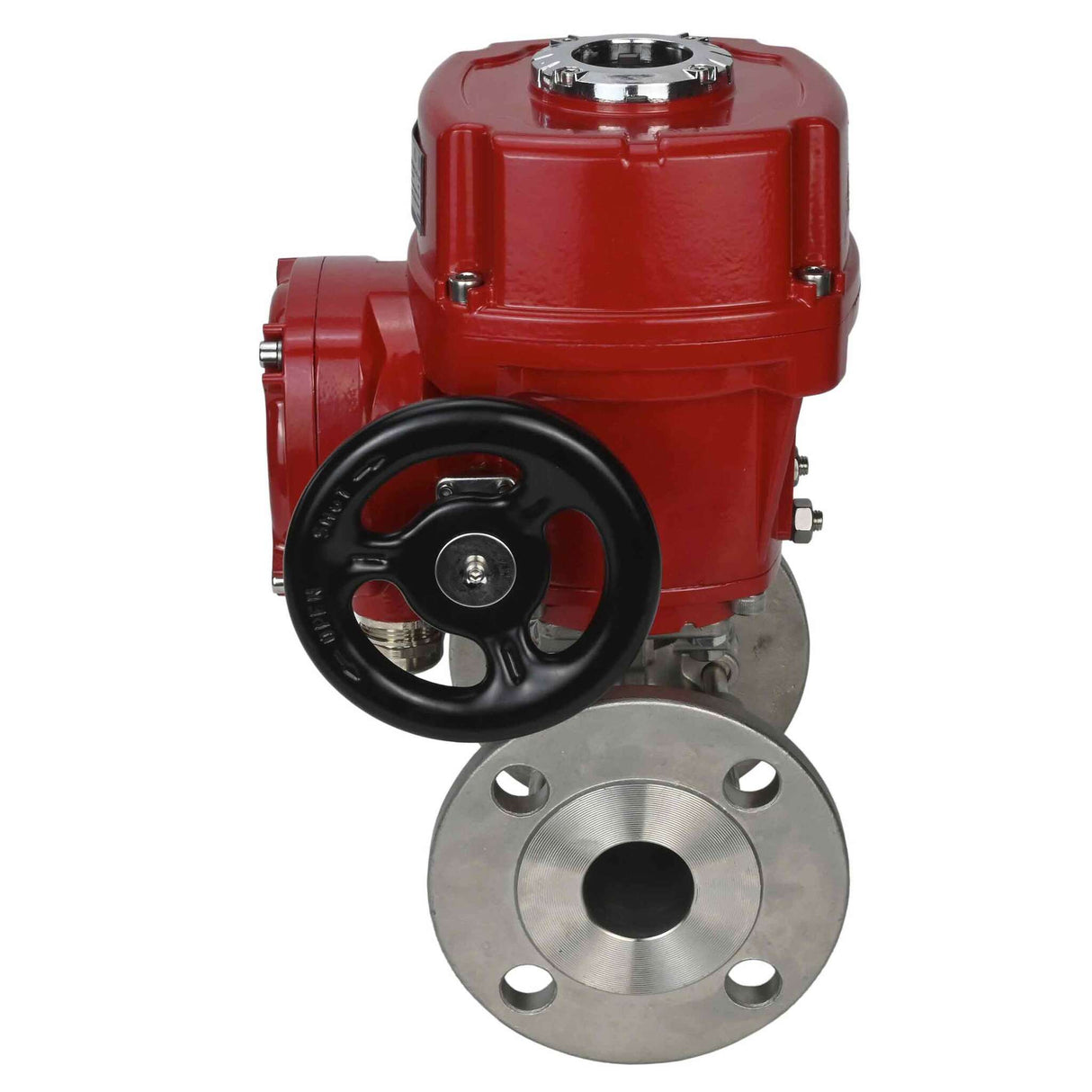 Válvula de bola de acero inoxidable Elephant BVFPT.316.180 de tres piezas, material del cuerpo - acero inoxidable SS316, sello - PTFE, brida, paso completo, actuador eléctrico de cuarto de vuelta Elephant QT-W (M) EX 220 V