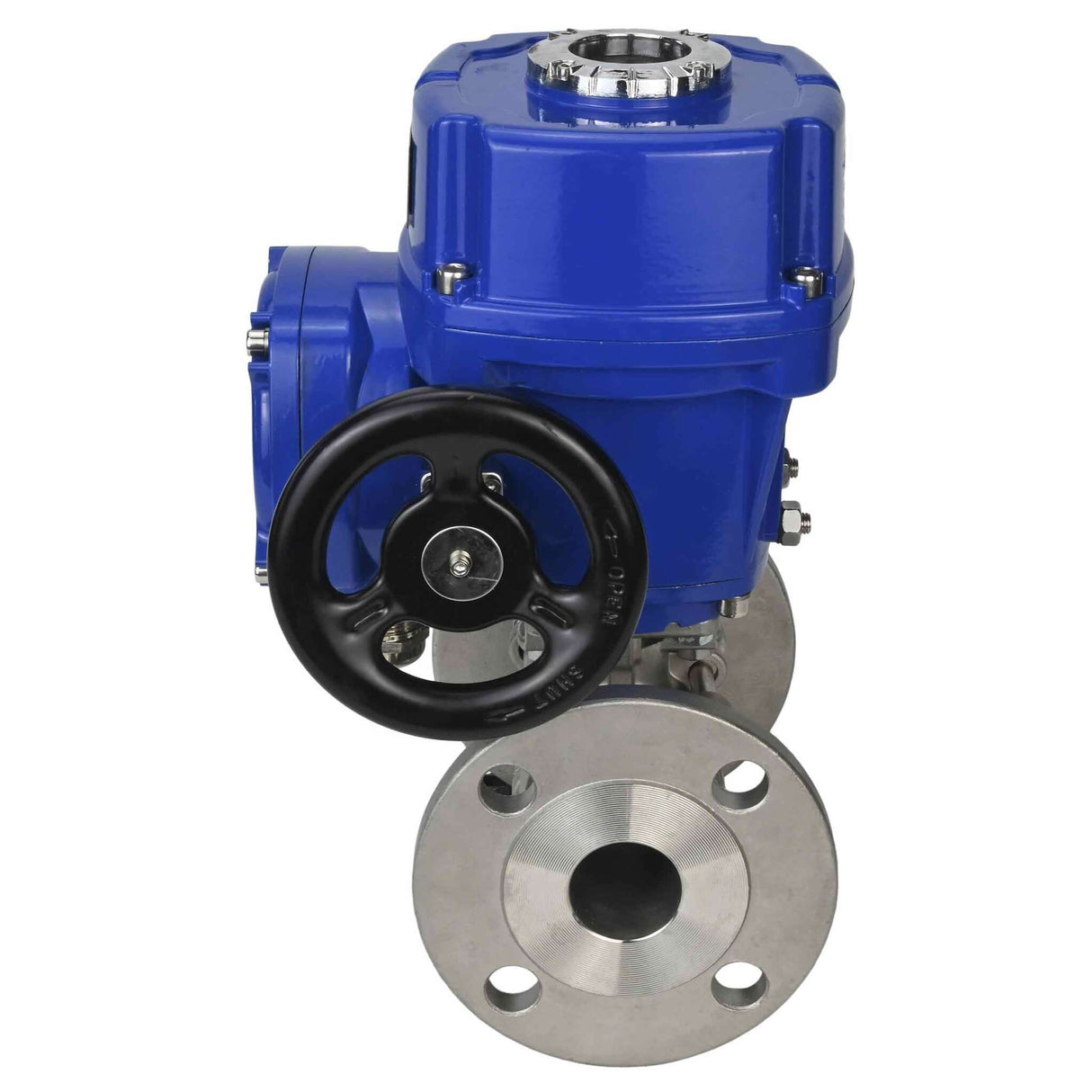 Válvula de bola de acero inoxidable Elephant BVFPT.316.180 de tres piezas, material del cuerpo - acero inoxidable SS316, sello - PTFE, brida, paso completo, actuador eléctrico de cuarto de vuelta Elephant QT-W (M) 380 V