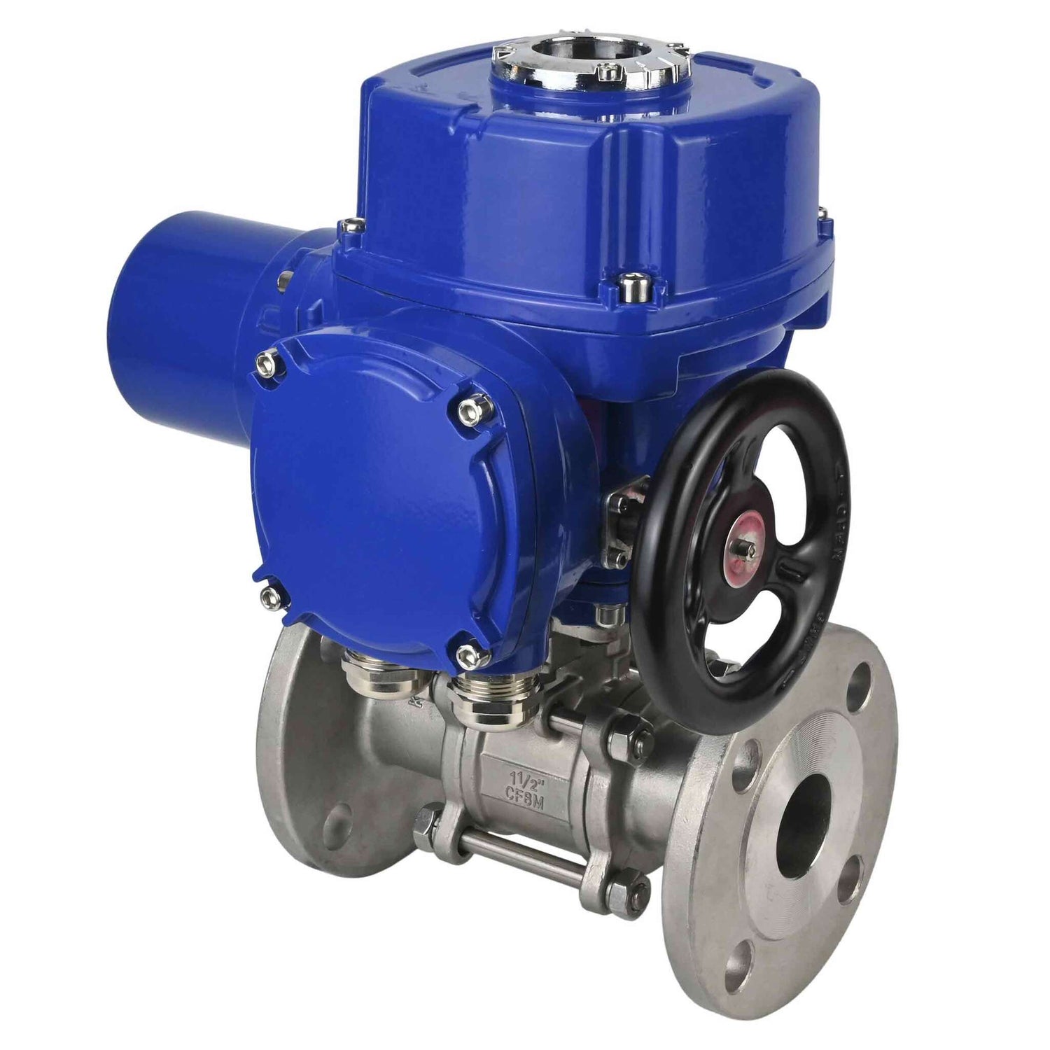 Válvula de bola de acero inoxidable Elephant BVFPT.316.180 de tres piezas, material del cuerpo - acero inoxidable SS316, sello - PTFE, brida, paso completo, actuador eléctrico de cuarto de vuelta Elephant QT-W (M) 380 V