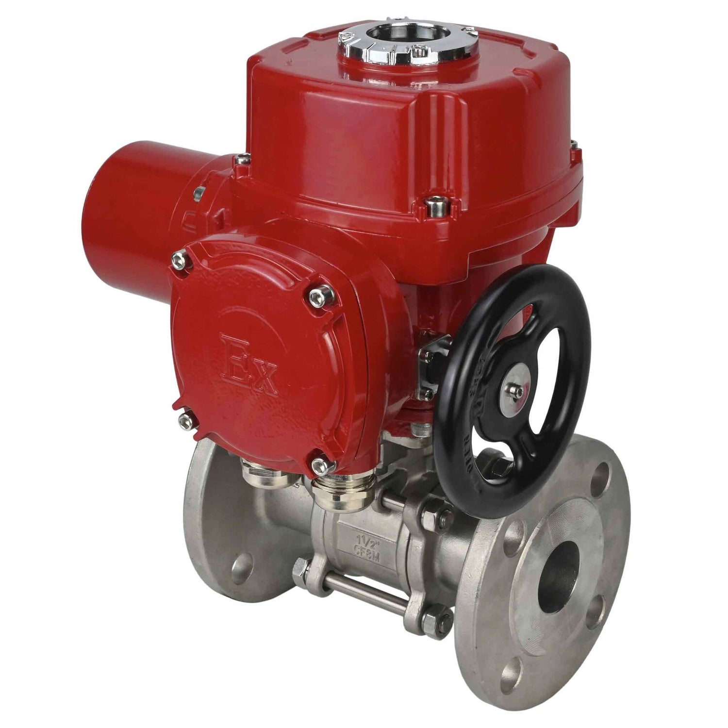 Válvula de bola de acero inoxidable Elephant BVFPT.316.180 de tres piezas, material del cuerpo - acero inoxidable SS316, sello - PTFE, brida, paso completo, actuador eléctrico de cuarto de vuelta Elephant QT-W (M) EX 220 V