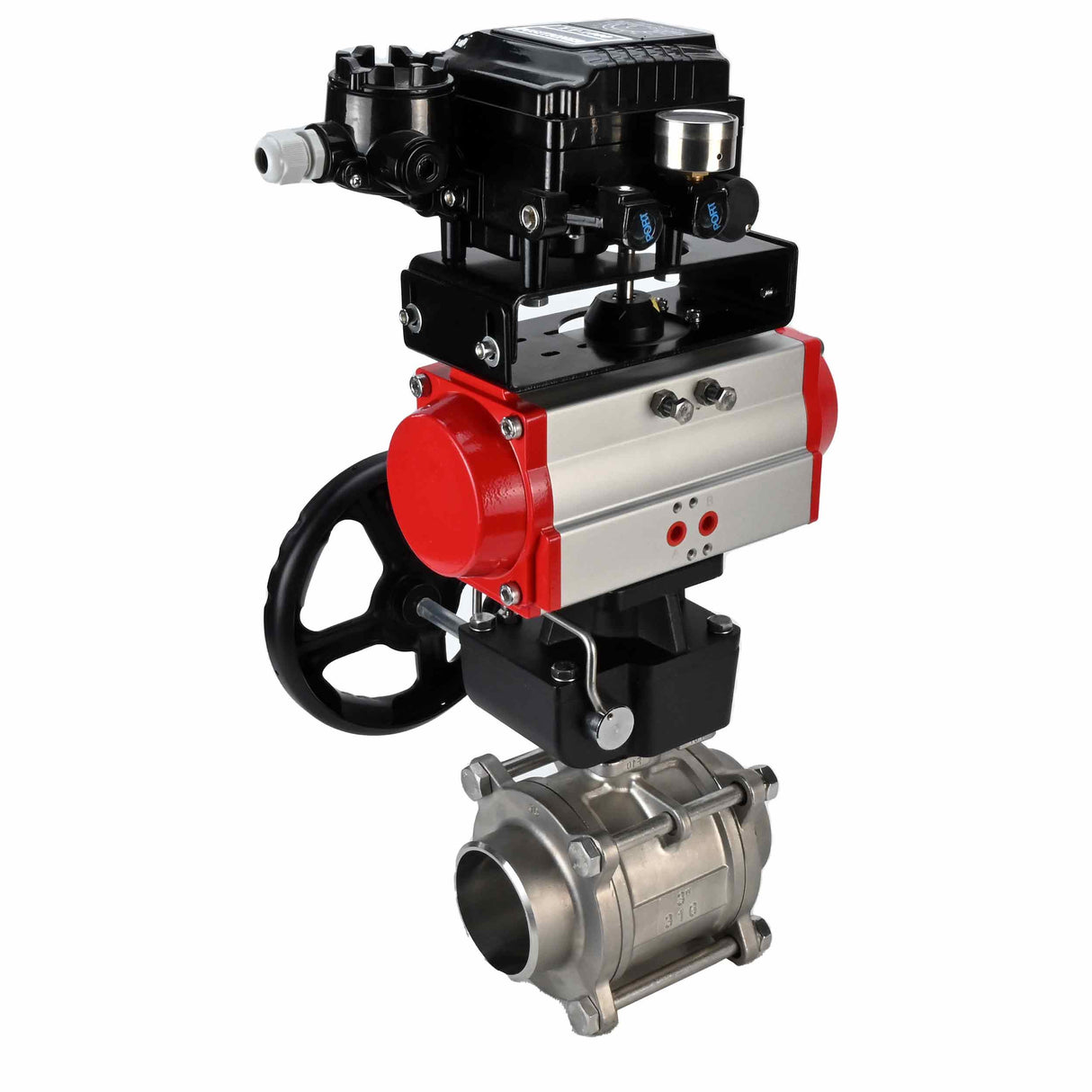 Válvula de bola de acero inoxidable Elephant kshpp-316200-da-yt1000rsn-hdm, material del cuerpo - acero inoxidable AISI 316, material de la bola - acero inoxidable AISI 316, sello - PTFE, actuador neumático operado