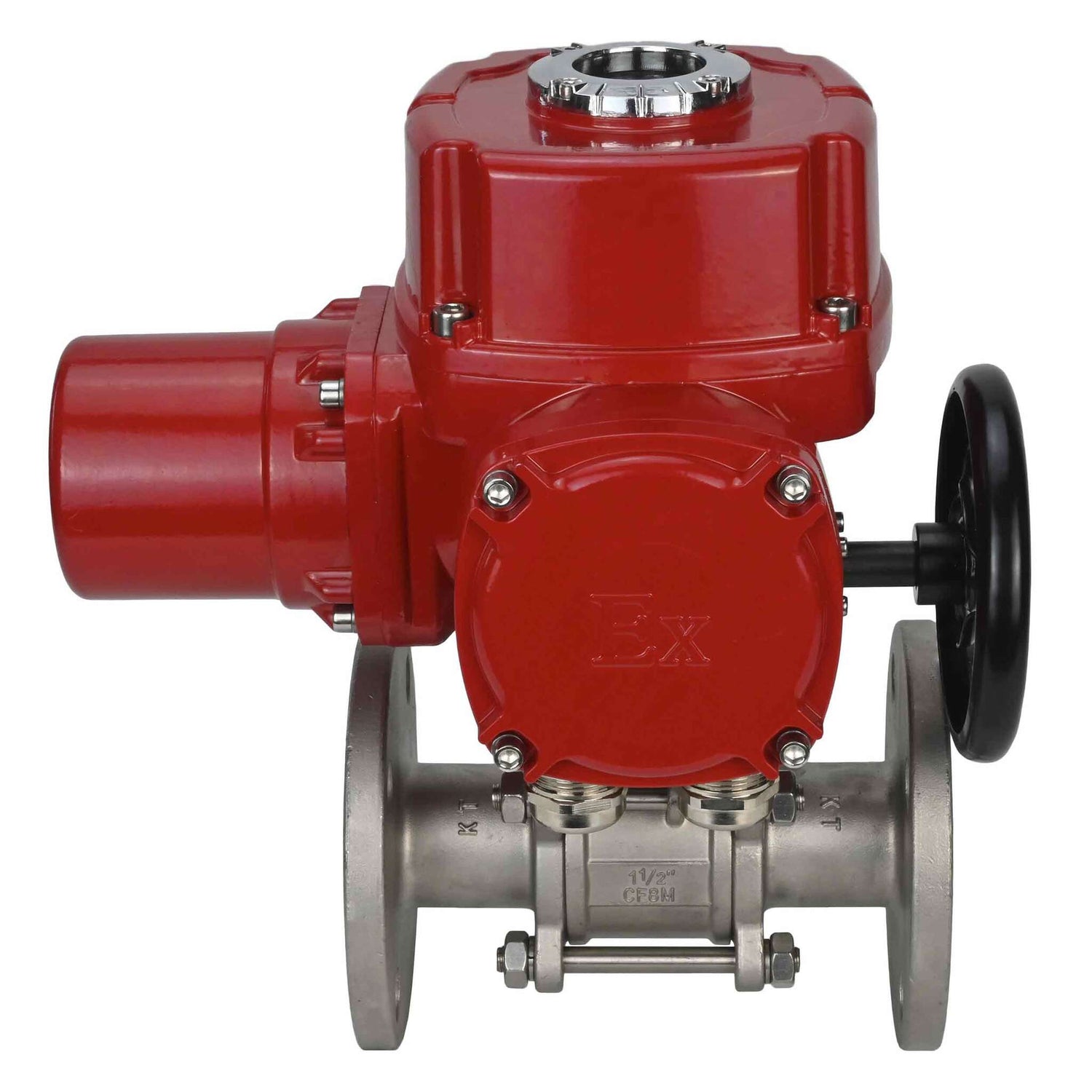 Válvula de bola de acero inoxidable Elephant BVFPT.316.180 de tres piezas, material del cuerpo - acero inoxidable SS316, sello - PTFE, brida, paso completo, actuador eléctrico de cuarto de vuelta Elephant QT-W (M) EX 220 V