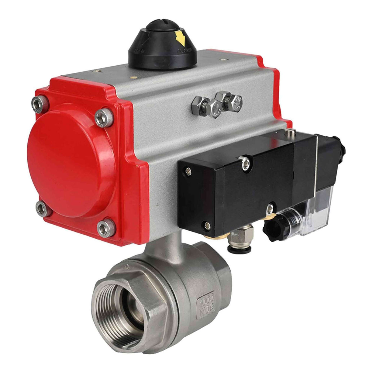 Válvula de bola de acero inoxidable Elephant kshmp316-elephant-da-4m310-24v, material del cuerpo - acero inoxidable AISI 316, material de la bola - acero inoxidable AISI 316, sello - PTFE, actuador neumático operado