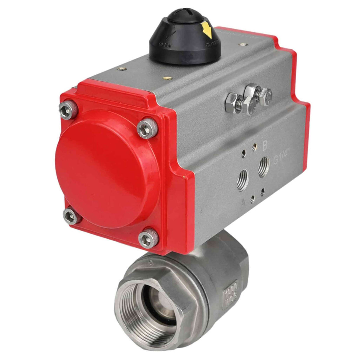 Válvula de bola de acero inoxidable Elephant BVMP.316.230-ISO PSI914, material del cuerpo - acero inoxidable AISI 316, material de la bola - acero inoxidable AISI 316, sello - PTFE, paso completo, roscado, actuador neumático de doble efecto Elephant DA