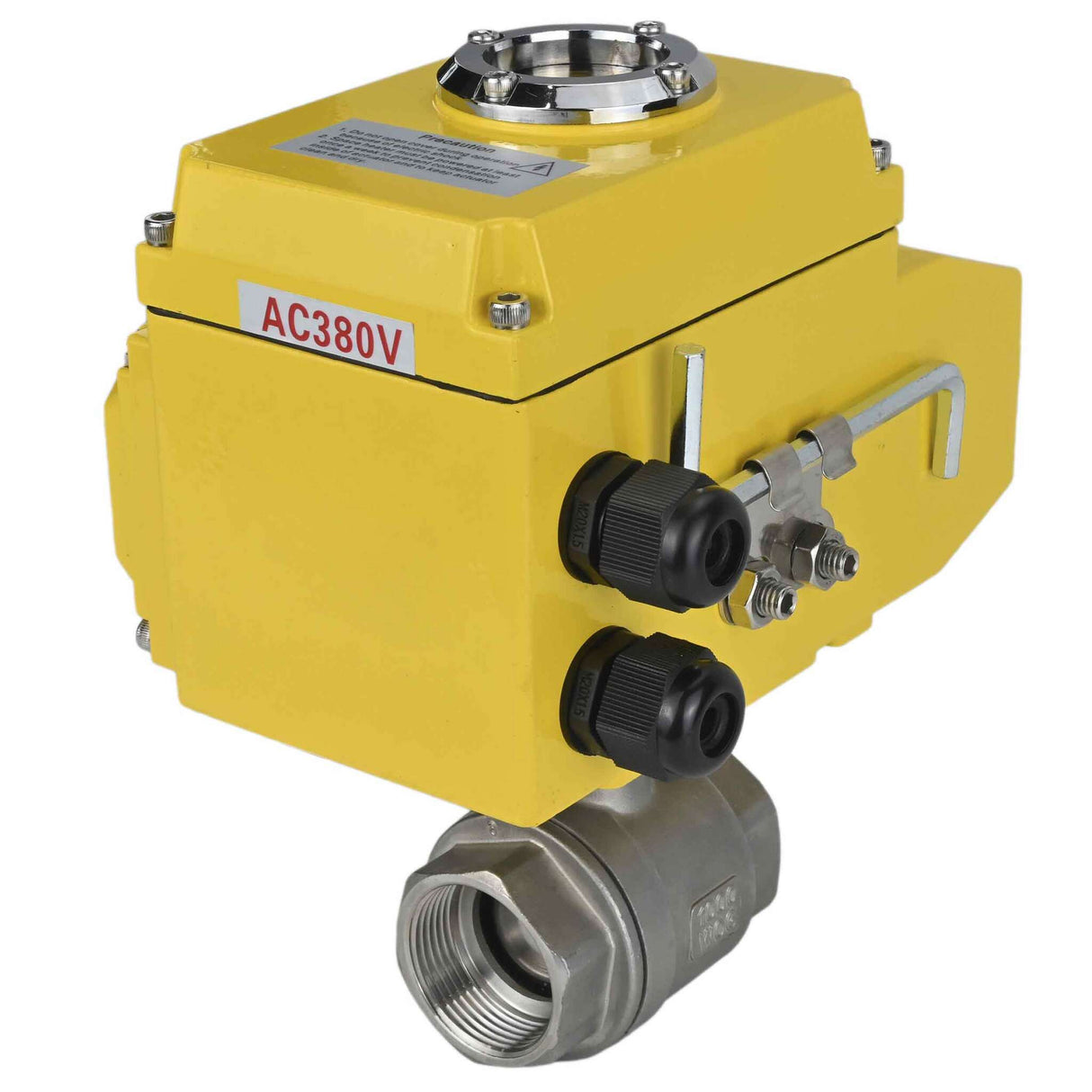 Válvula de bola de acero inoxidable Elephant BVMP.316.230-ISO PSI914, material del cuerpo - acero inoxidable AISI 316, material de la bola - acero inoxidable AISI 316, junta - PTFE, roscada, actuador eléctrico de cuarto de vuelta Elephant-380 V