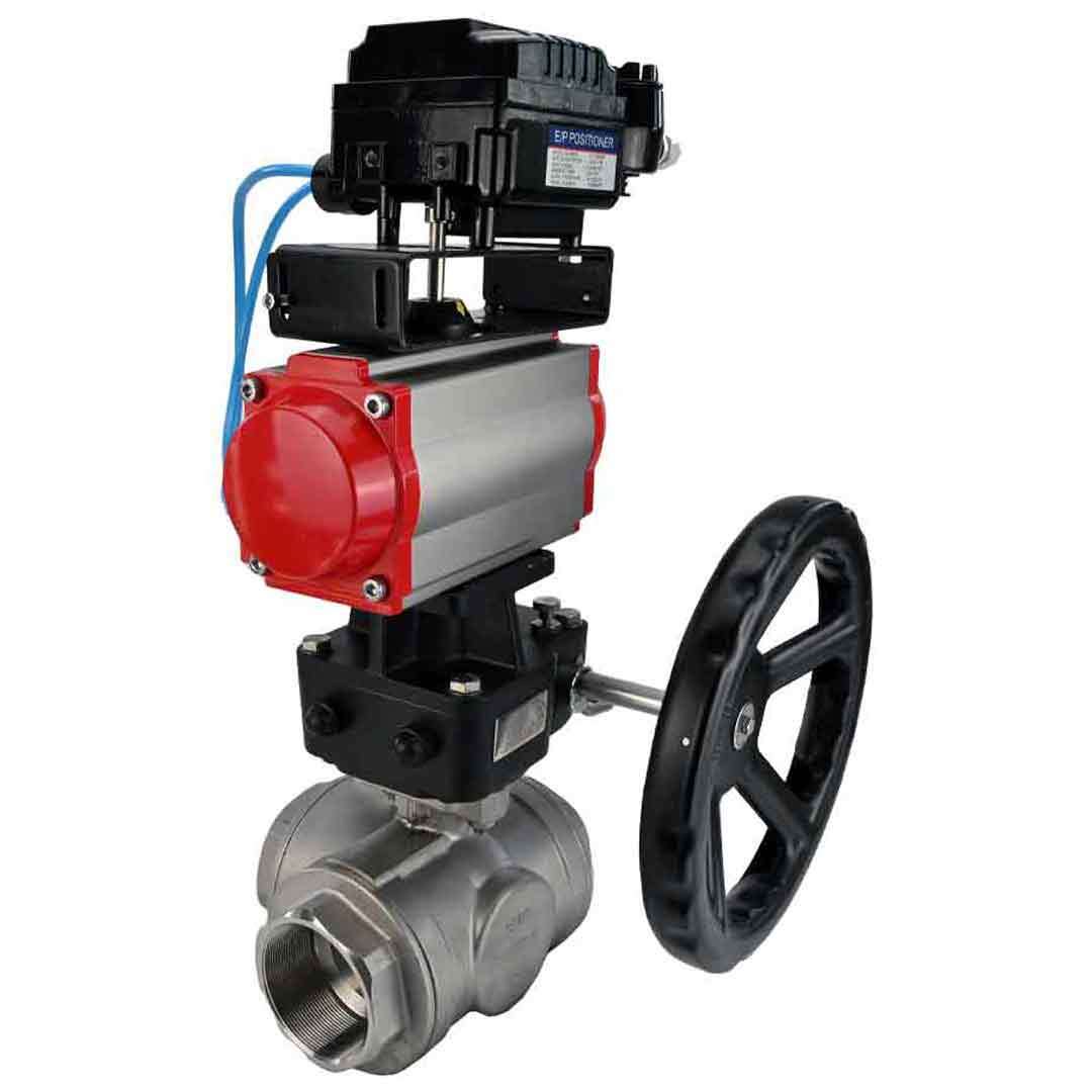 Válvula de bola de acero inoxidable Elephant 3h-l-rpss316200mm-iso-pnevpr-da-hdm-epp-boz, material del cuerpo - acero inoxidable AISI 316, material de la bola - acero inoxidable AISI 316, sello - PTFE, actuador neumático operado