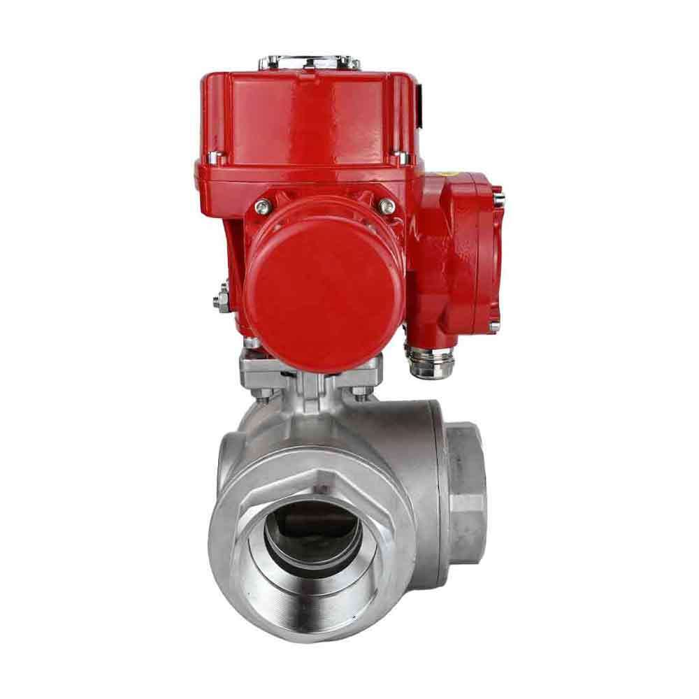 Válvula de bola de acero inoxidable Elephant RP.SS316.200.MM.ISO 914 PSI roscada, puerto estándar, tres vías, tipo L, material del cuerpo - acero inoxidable AISI 316, con actuador eléctrico de cuarto de vuelta Elephant QT-W (M) EX 220V