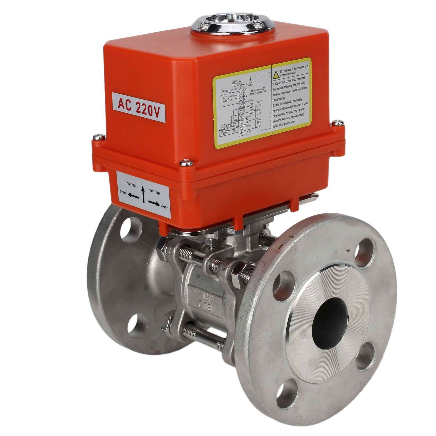 Válvula de bola de acero inoxidable Elephant ksfpt-316-180-110/220v, material del cuerpo - acero inoxidable AISI 316, material de la bola - acero inoxidable AISI 316, sello - PTFE, actuador eléctrico operado