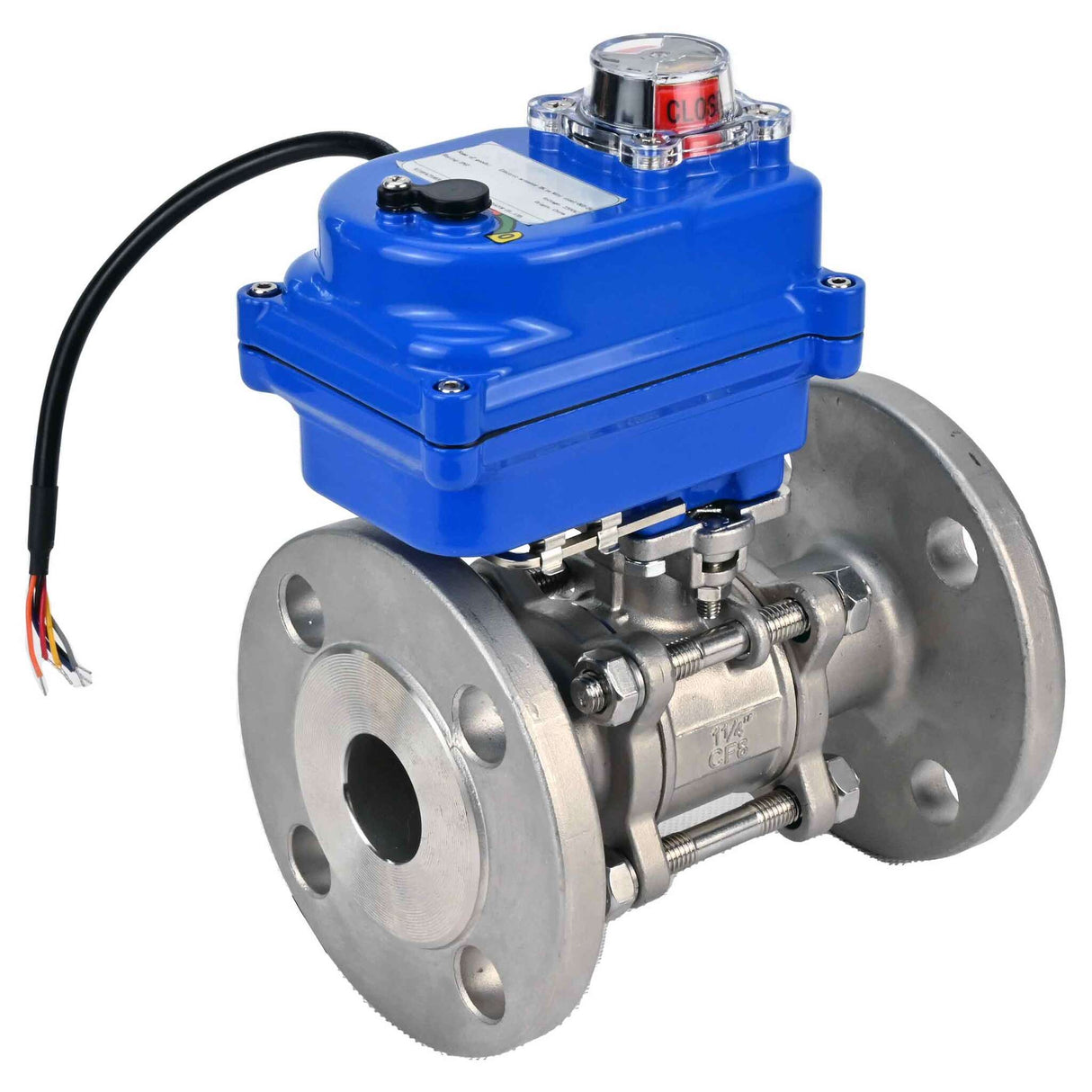 Válvula de bola de acero inoxidable Elephant BVFPT-ISO.316.180 de tres piezas, material del cuerpo - acero inoxidable SS316, junta - PTFE, brida, paso completo, actuador eléctrico Elephant 003 azul 24 V