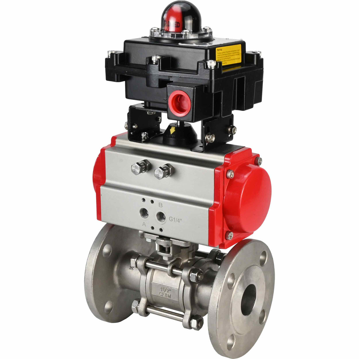 Válvula de bola de acero inoxidable Elephant BVFPT-ISO.304.180 de tres piezas, material del cuerpo - acero inoxidable SS304, sello - PTFE, brida, paso completo, actuador neumático Elephant SA, bloque de interruptores de límite APL-410N EX