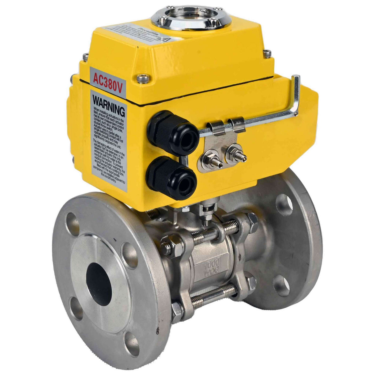 Válvula de bola de acero inoxidable Elephant ksfpt-316-180-380v, material del cuerpo - acero inoxidable AISI 316, material de la bola - acero inoxidable AISI 316, sello - PTFE, actuador eléctrico operado