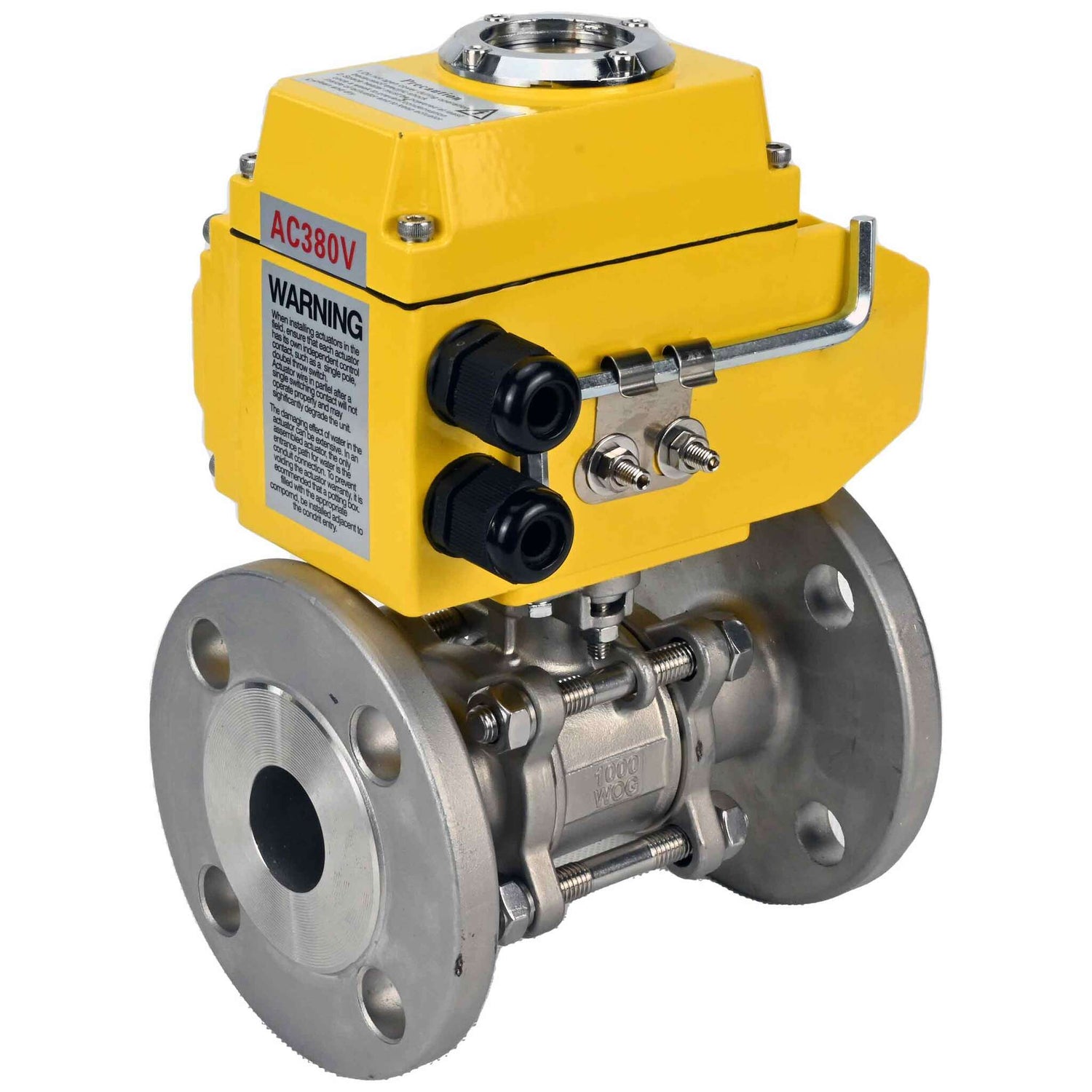 Válvula de bola de acero inoxidable Elephant ksfpt-304-180-380v, material del cuerpo - acero inoxidable AISI 304, material de la bola - acero inoxidable AISI 304, sello - PTFE, actuador eléctrico operado