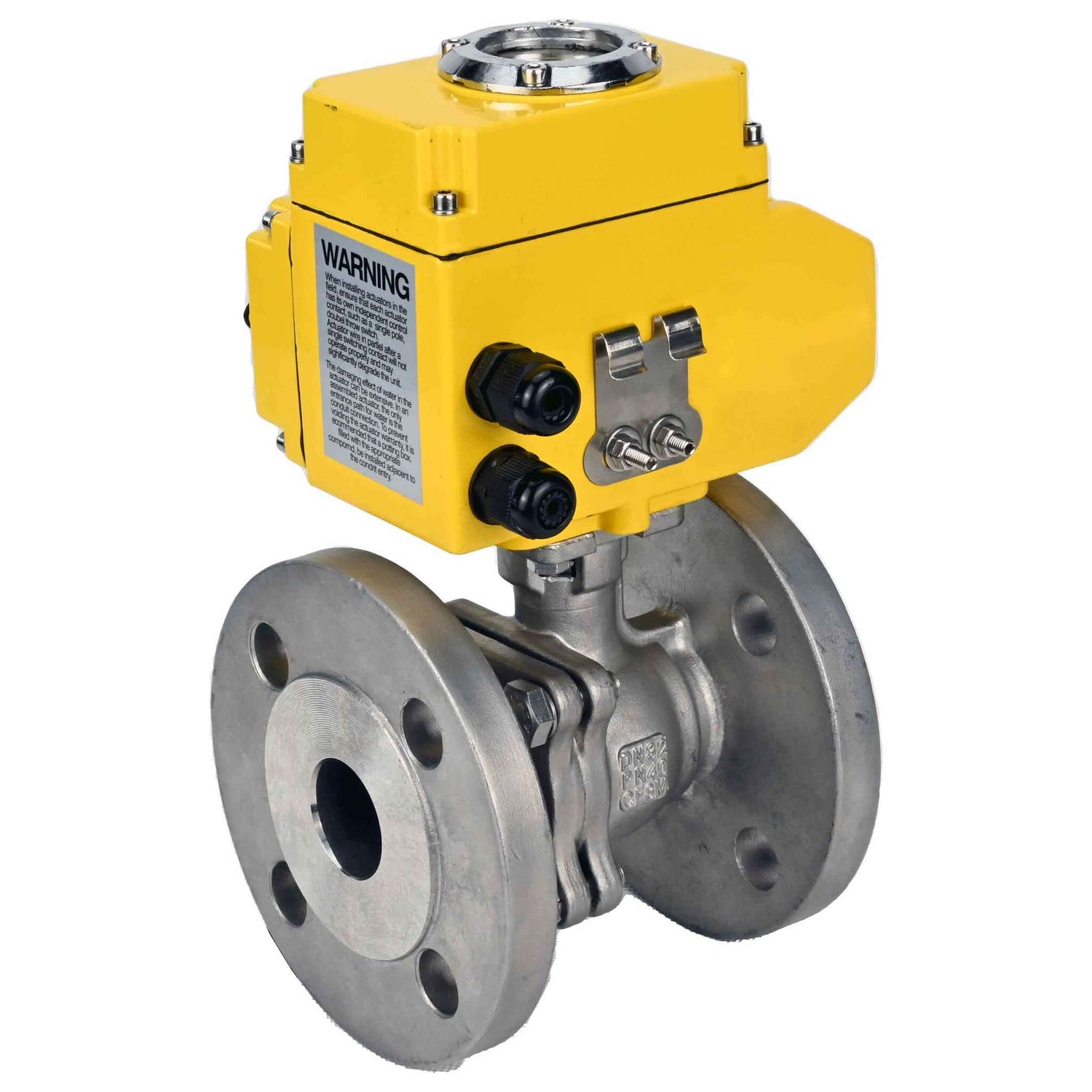 Válvula de bola de acero inoxidable Elephant BV3232P-FP-F, material del cuerpo - acero inoxidable AISI 316, sello - PTFE, paso completo, brida, actuador eléctrico Elephant 220 V