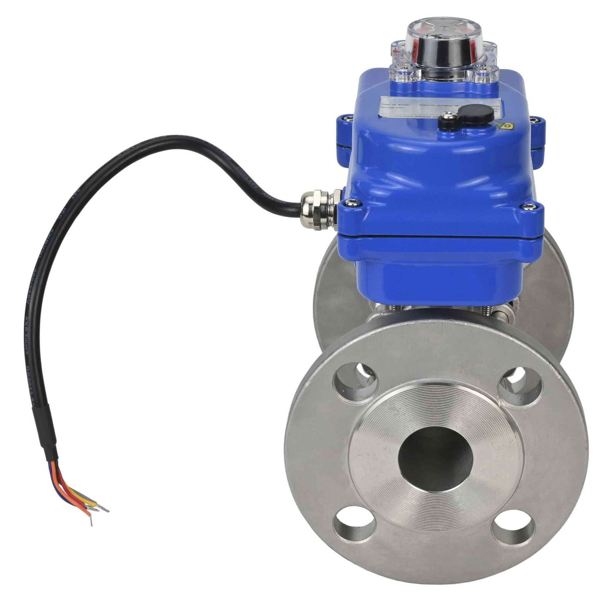 Válvula de bola de acero inoxidable Elephant BVFPT-ISO.316.180 de tres piezas, material del cuerpo - acero inoxidable SS316, junta - PTFE, brida, paso completo, actuador eléctrico Elephant 003 azul 24 V