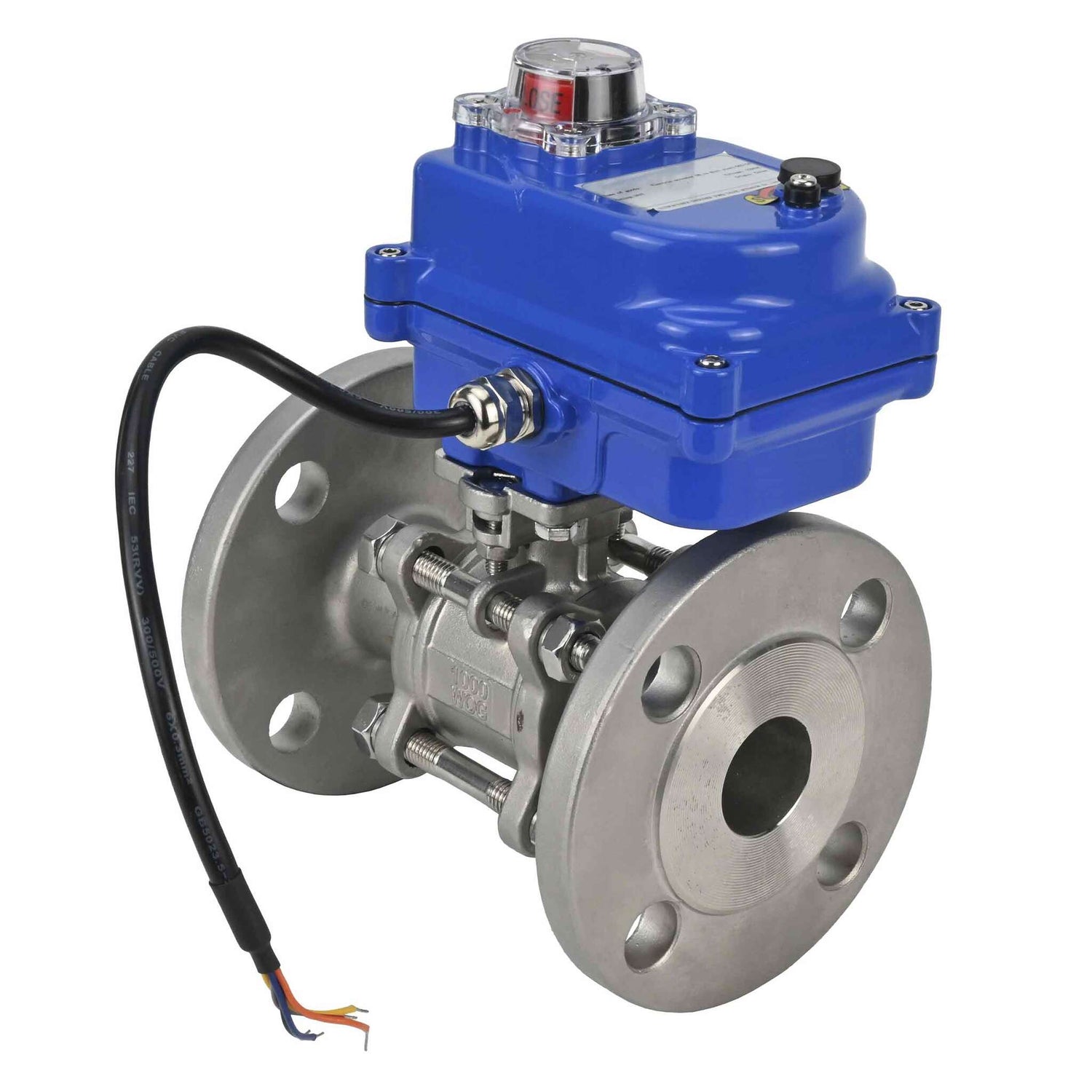 Válvula de bola de acero inoxidable Elephant BVFPT-ISO.316.180 de tres piezas, material del cuerpo - acero inoxidable SS316, junta - PTFE, brida, paso completo, actuador eléctrico Elephant 003 azul 24 V