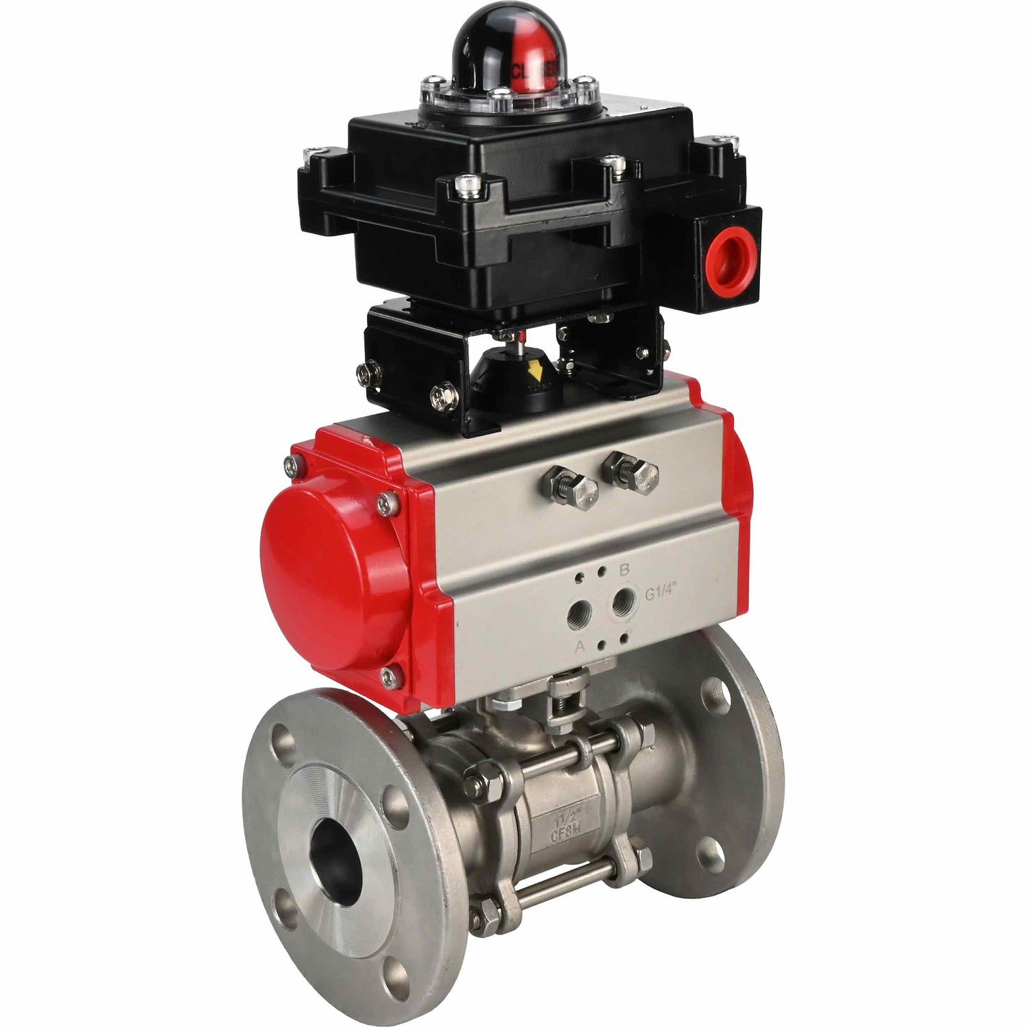 Válvula de bola de acero inoxidable Elephant BVFPT-ISO.316.180 de tres piezas, material del cuerpo: acero inoxidable SS316, junta: PTFE, brida, paso completo, actuador neumático Elephant SA, bloque de interruptores de límite APL-410N EX