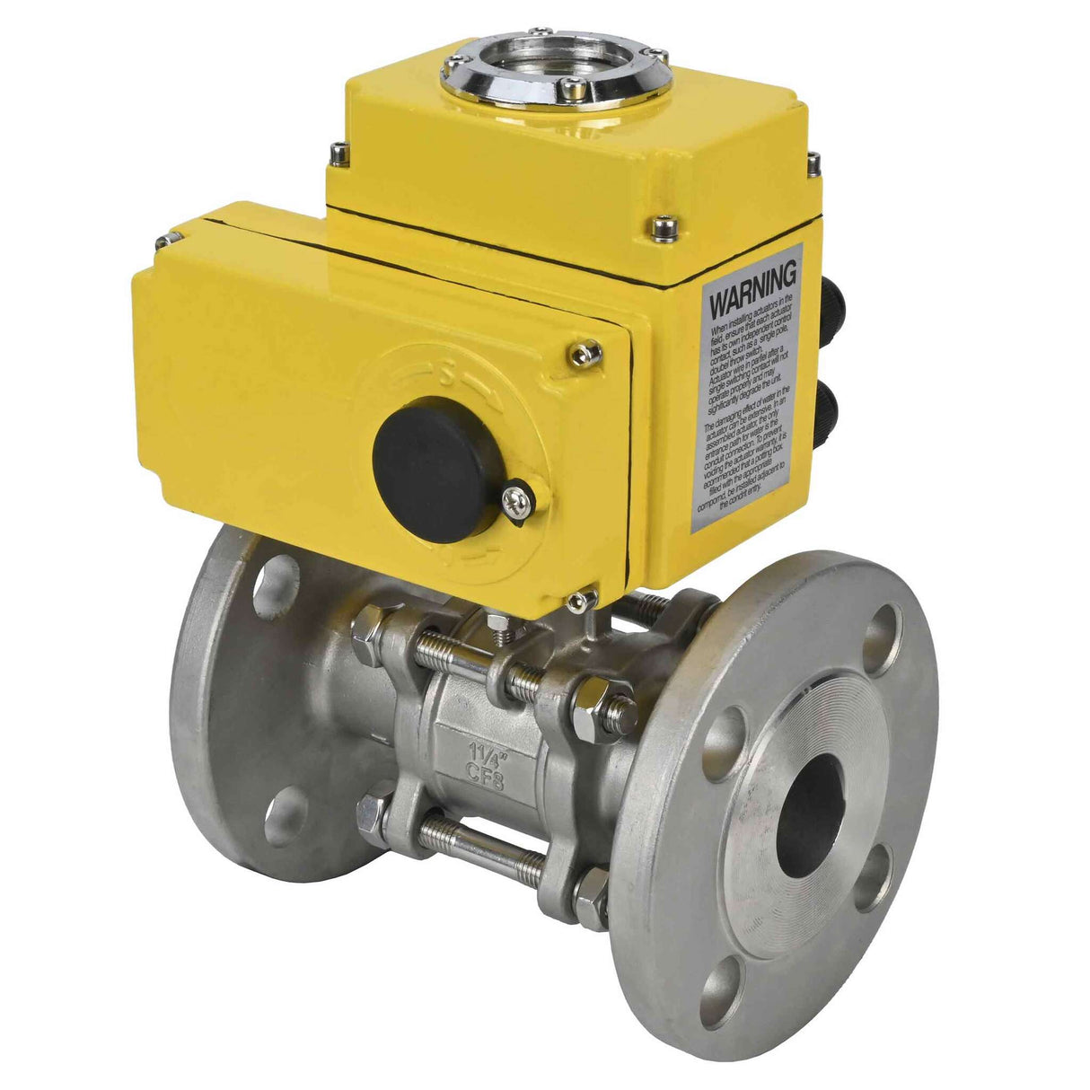 Válvula de bola de acero inoxidable Elephant BVFPT-ISO.316.180 de tres piezas, material del cuerpo: acero inoxidable SS316, junta: PTFE, brida, paso completo, actuador eléctrico Elephant-003 24 V