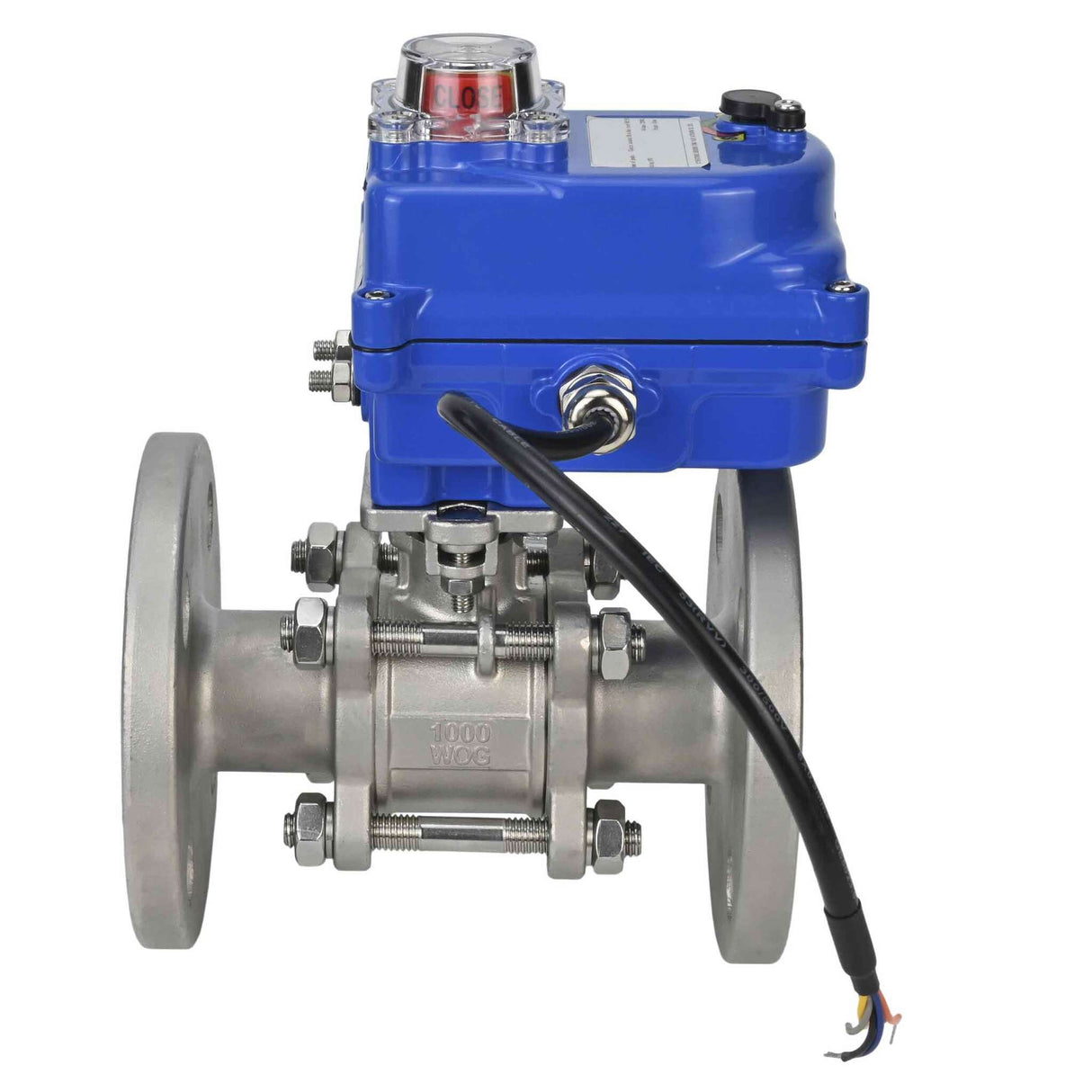 Válvula de bola de acero inoxidable Elephant BVFPT-ISO.316.180 de tres piezas, material del cuerpo - acero inoxidable SS316, junta - PTFE, brida, paso completo, actuador eléctrico Elephant 003 azul 24 V