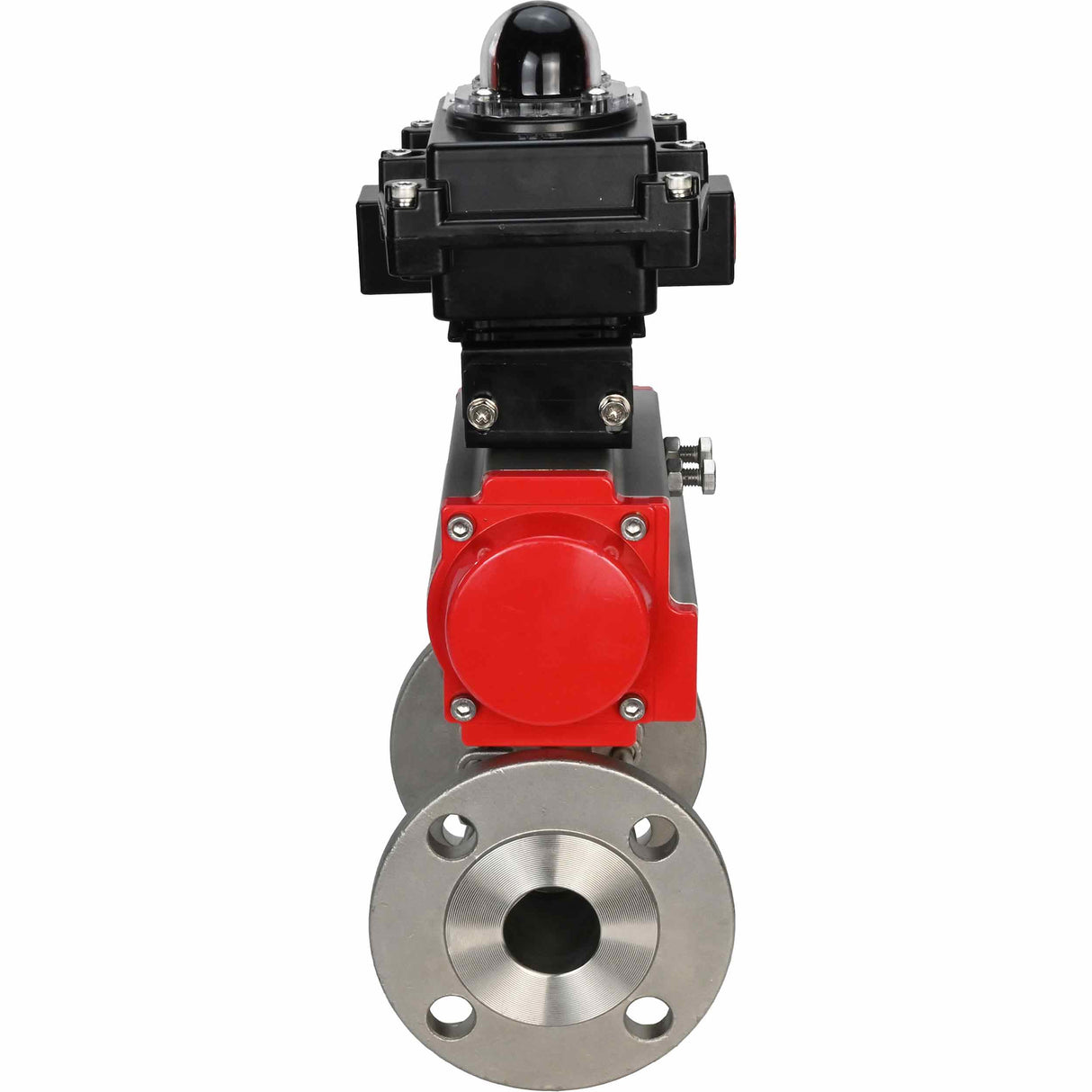 Válvula de bola de acero inoxidable Elephant BVFPT-ISO.304.180 de tres piezas, material del cuerpo - acero inoxidable SS304, sello - PTFE, brida, paso completo, actuador neumático Elephant SA, bloque de interruptores de límite APL-410N EX