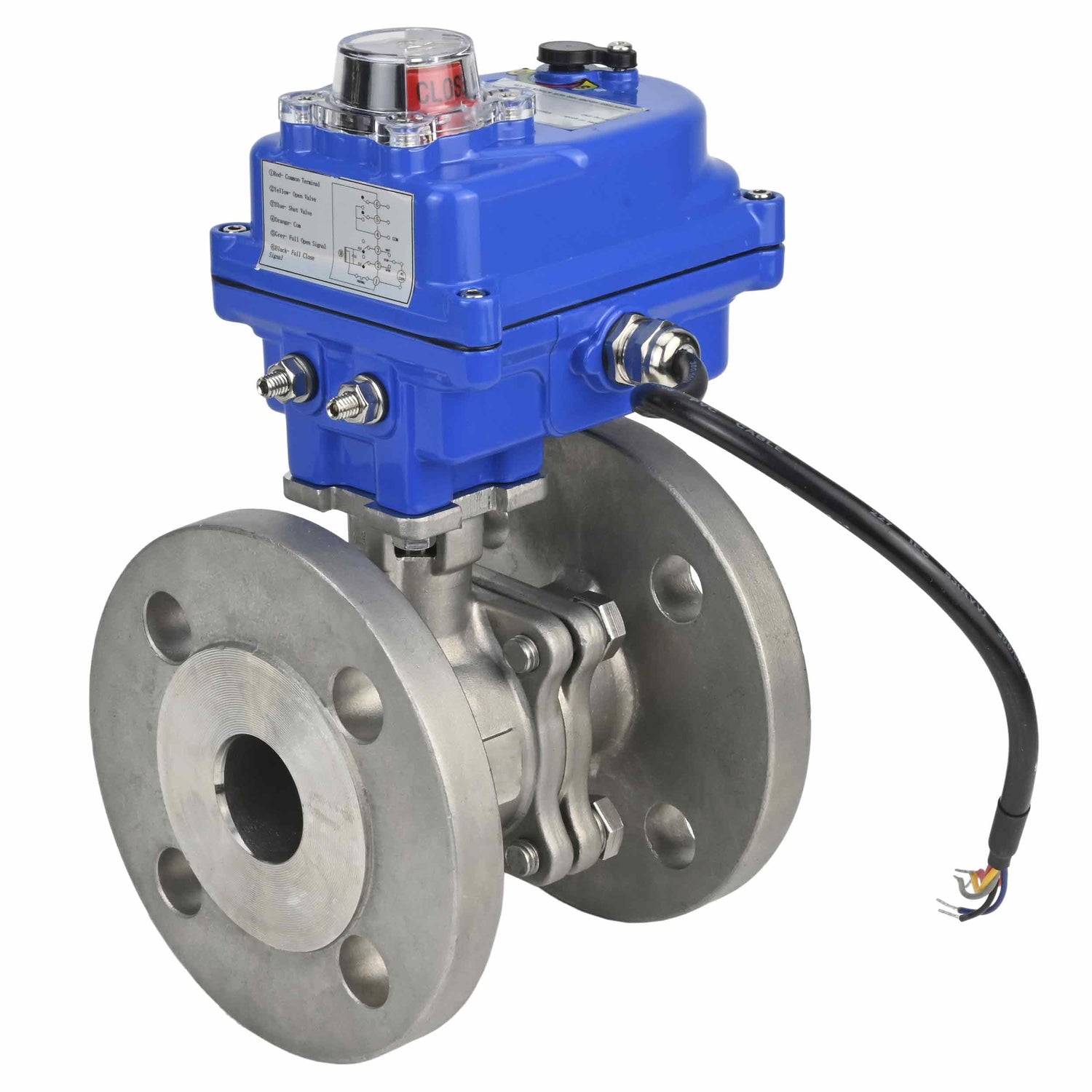 Válvula de bola de acero inoxidable Elephant BV3232P-FP-F, material del cuerpo - acero inoxidable AISI 316, junta - PTFE, paso completo, brida, actuador eléctrico Elephant 003 azul 24 V