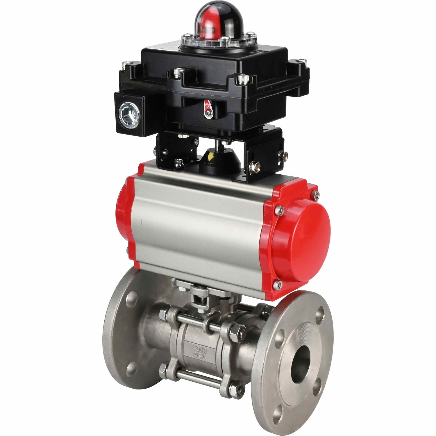 Válvula de bola de acero inoxidable Elephant BVFPT-ISO.316.180 de tres piezas, material del cuerpo: acero inoxidable SS316, junta: PTFE, brida, paso completo, actuador neumático Elephant DA, bloque de interruptores de límite APL-410N EX