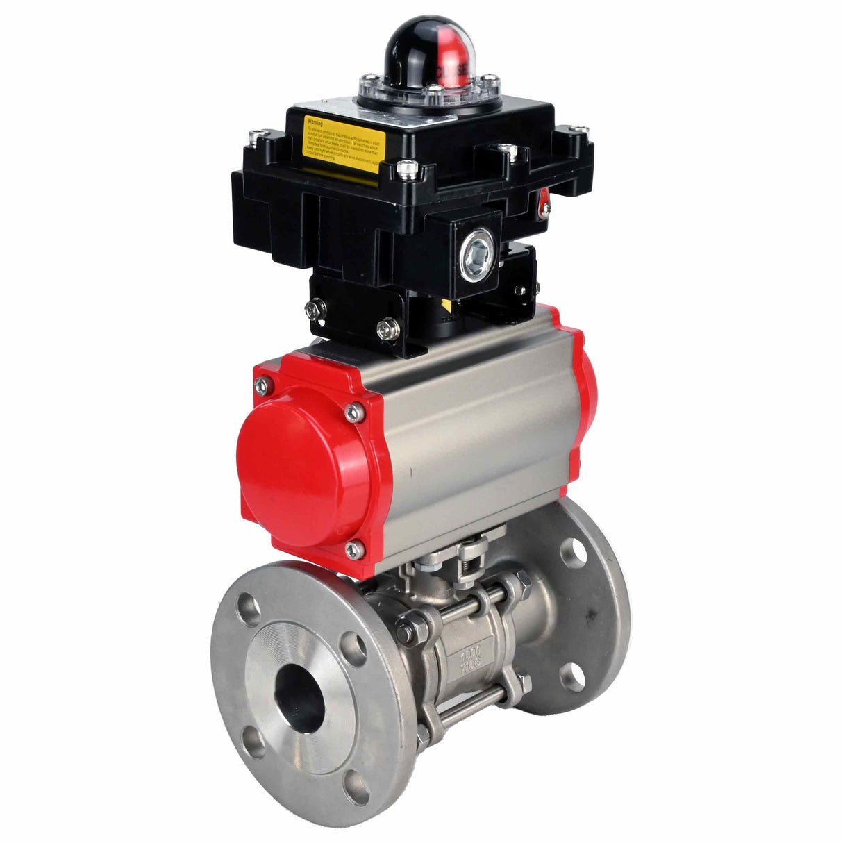 Válvula de bola de acero inoxidable Elephant BVFPT-ISO.304.180 de tres piezas, material del cuerpo: acero inoxidable SS304, junta: PTFE, brida, paso completo, actuador neumático Elephant DA, bloque de interruptores de límite APL-410N EX